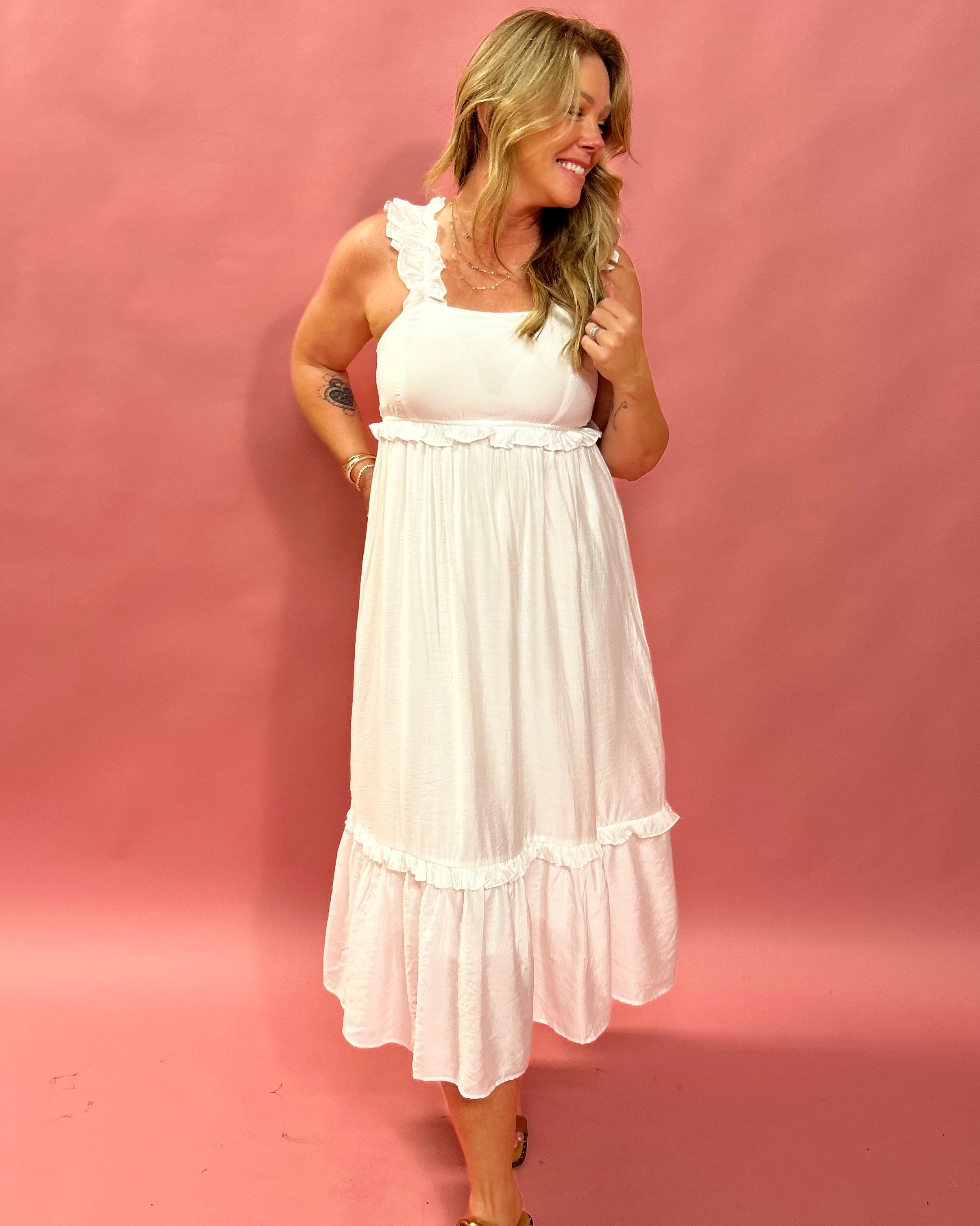 Timeless Grace Ruffle Strap Midi Dress in White