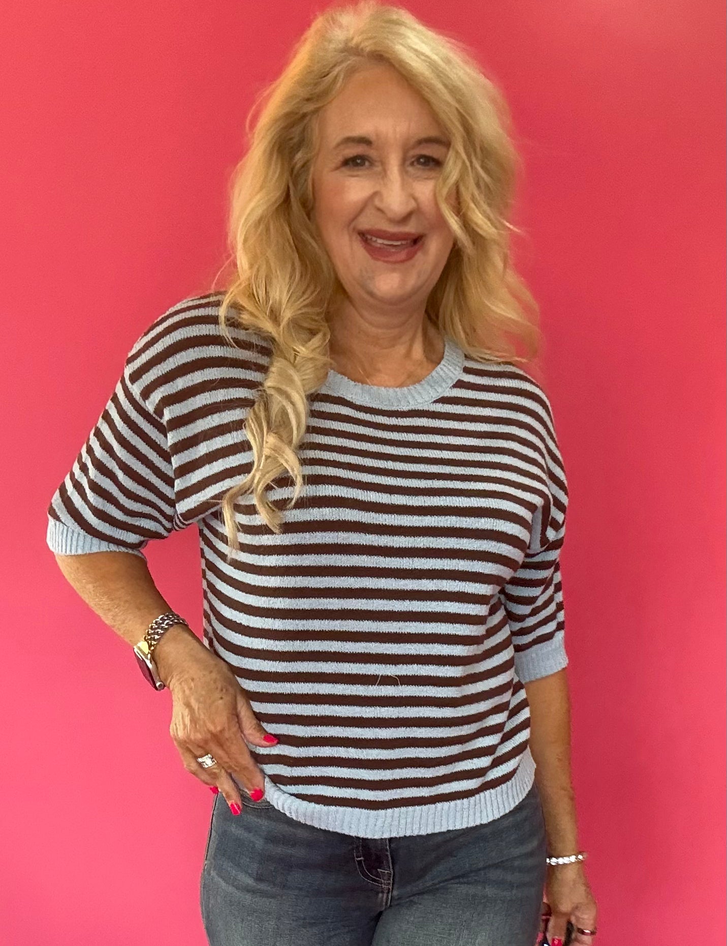 Trim & Proper Contrast Stripe Sweater in Brown
