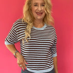 Trim & Proper Contrast Stripe Sweater in Brown