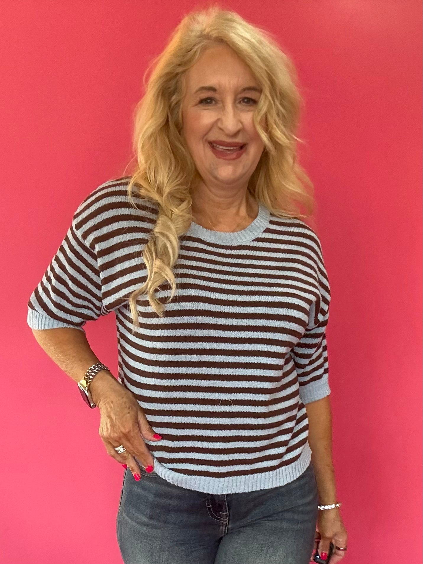 Trim & Proper Contrast Stripe Sweater in Brown