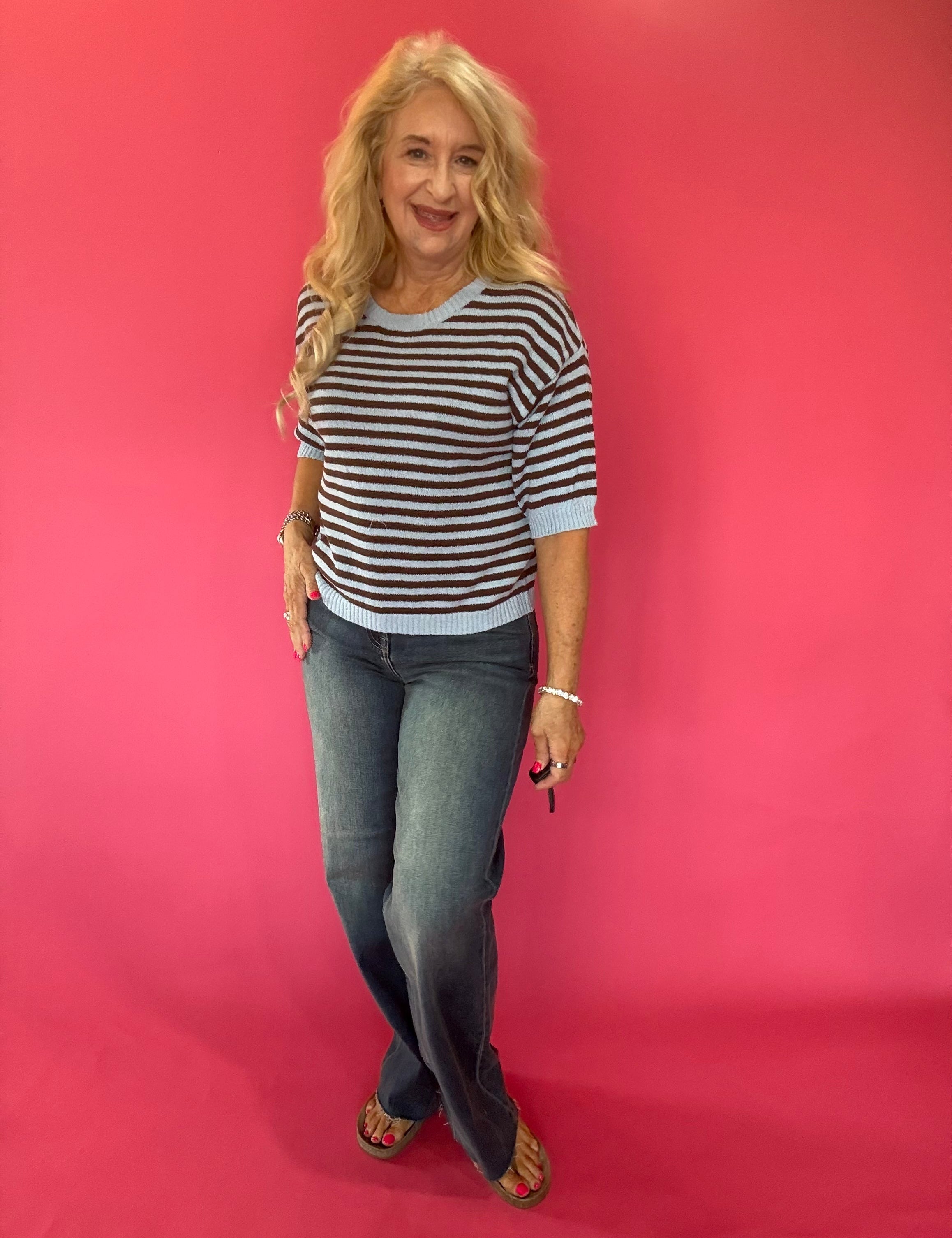 Trim & Proper Contrast Stripe Sweater in Brown