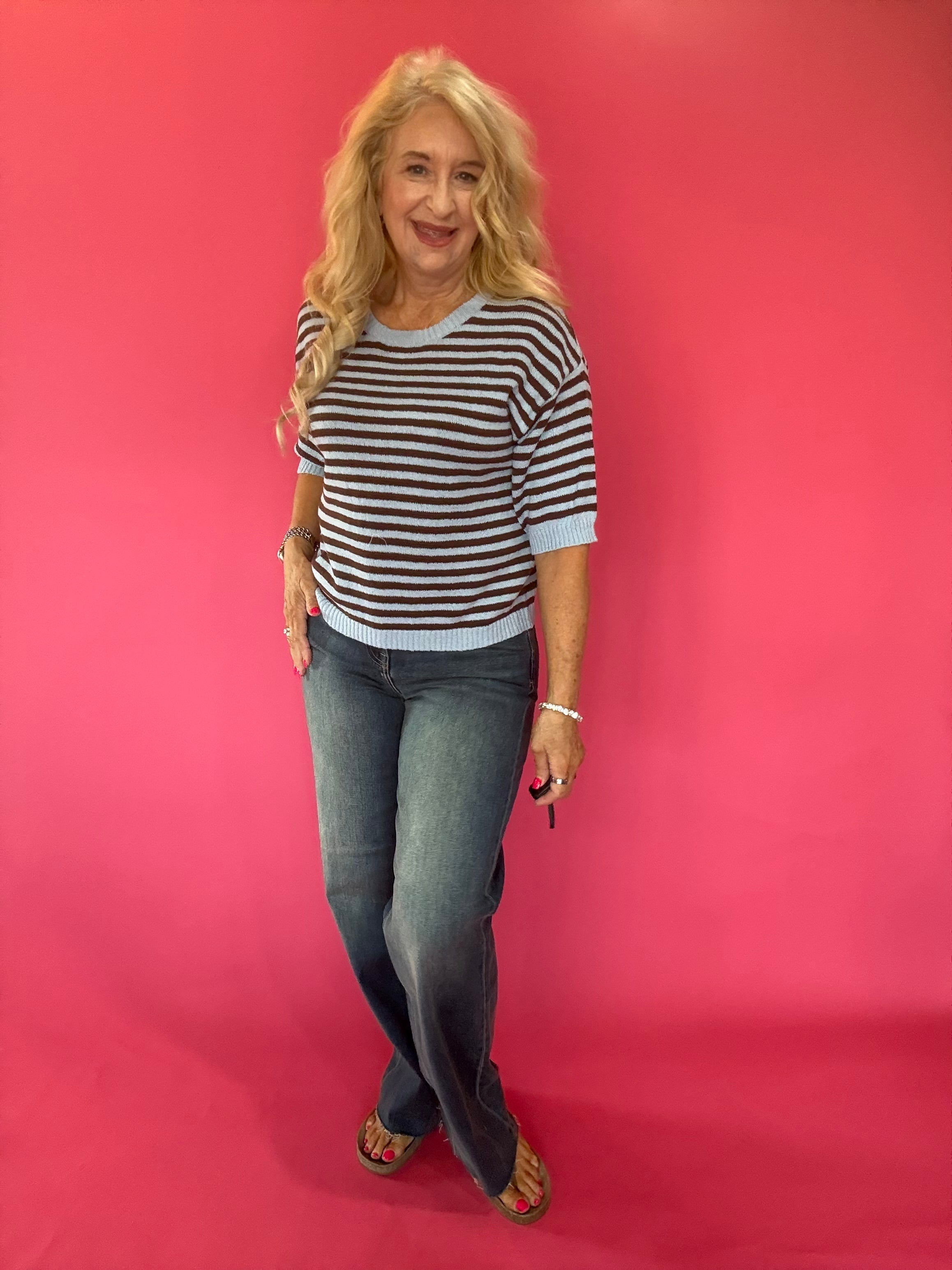 Trim & Proper Contrast Stripe Sweater in Brown