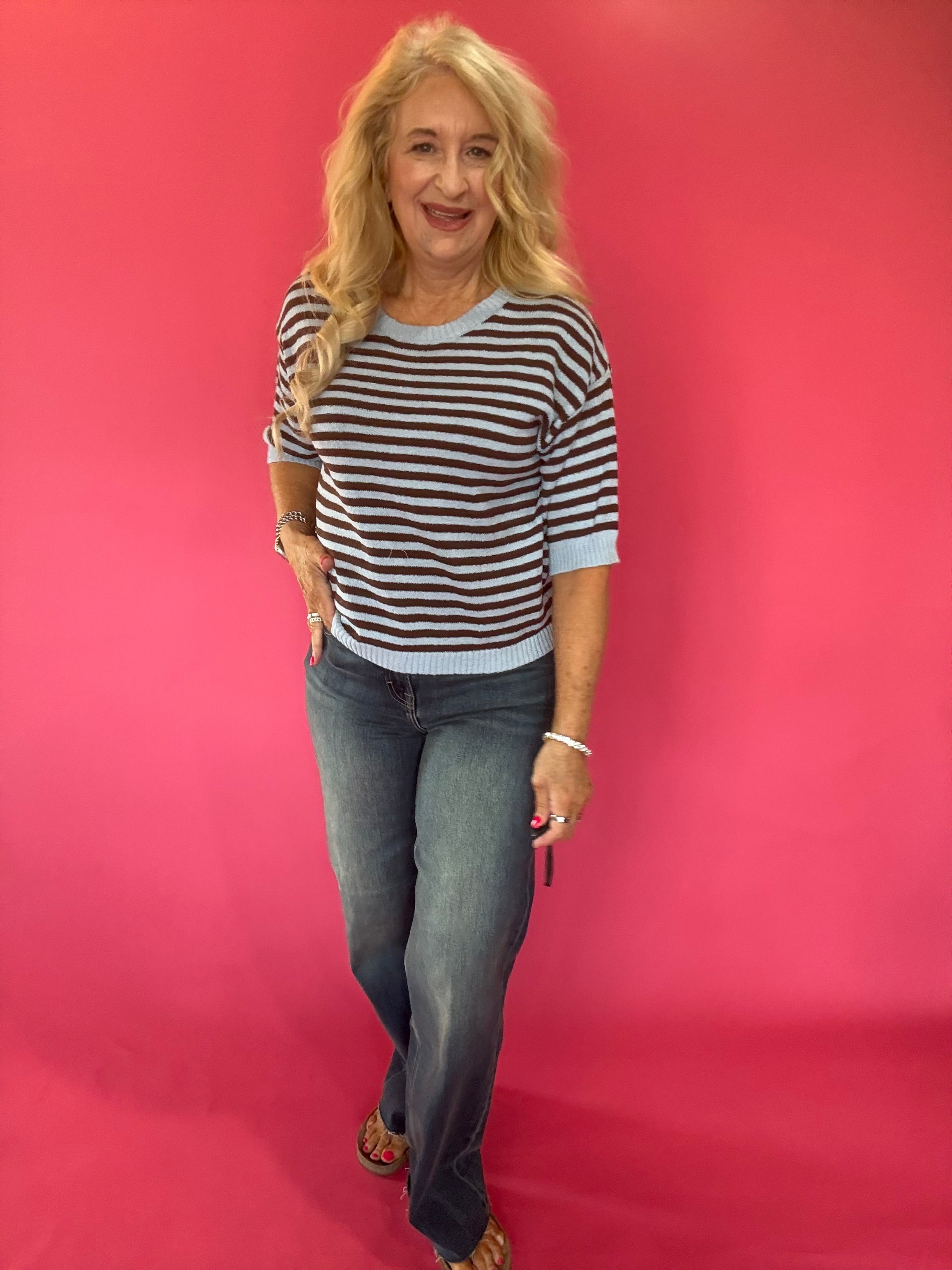 Trim & Proper Contrast Stripe Sweater in Brown