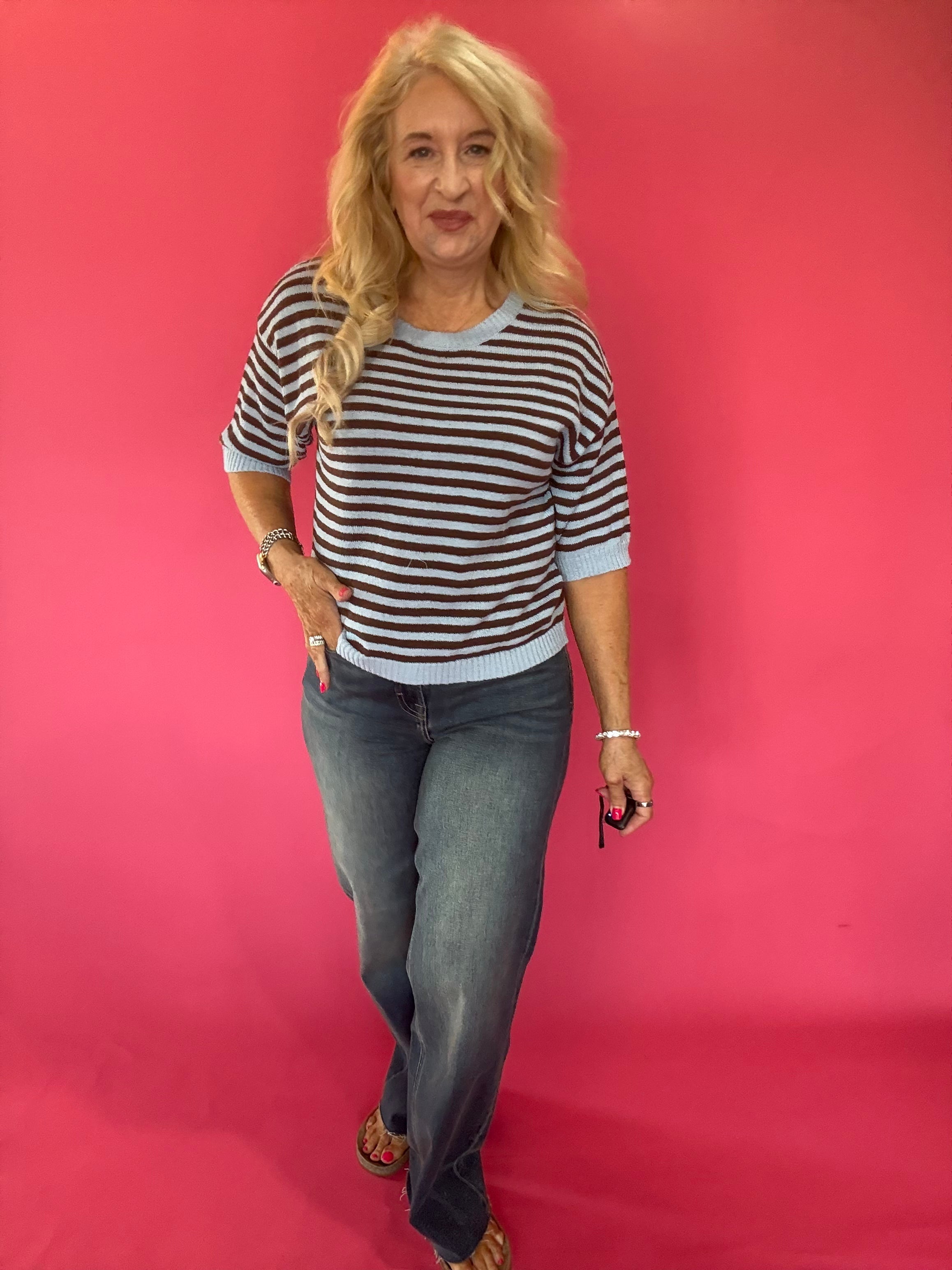 Trim & Proper Contrast Stripe Sweater in Brown