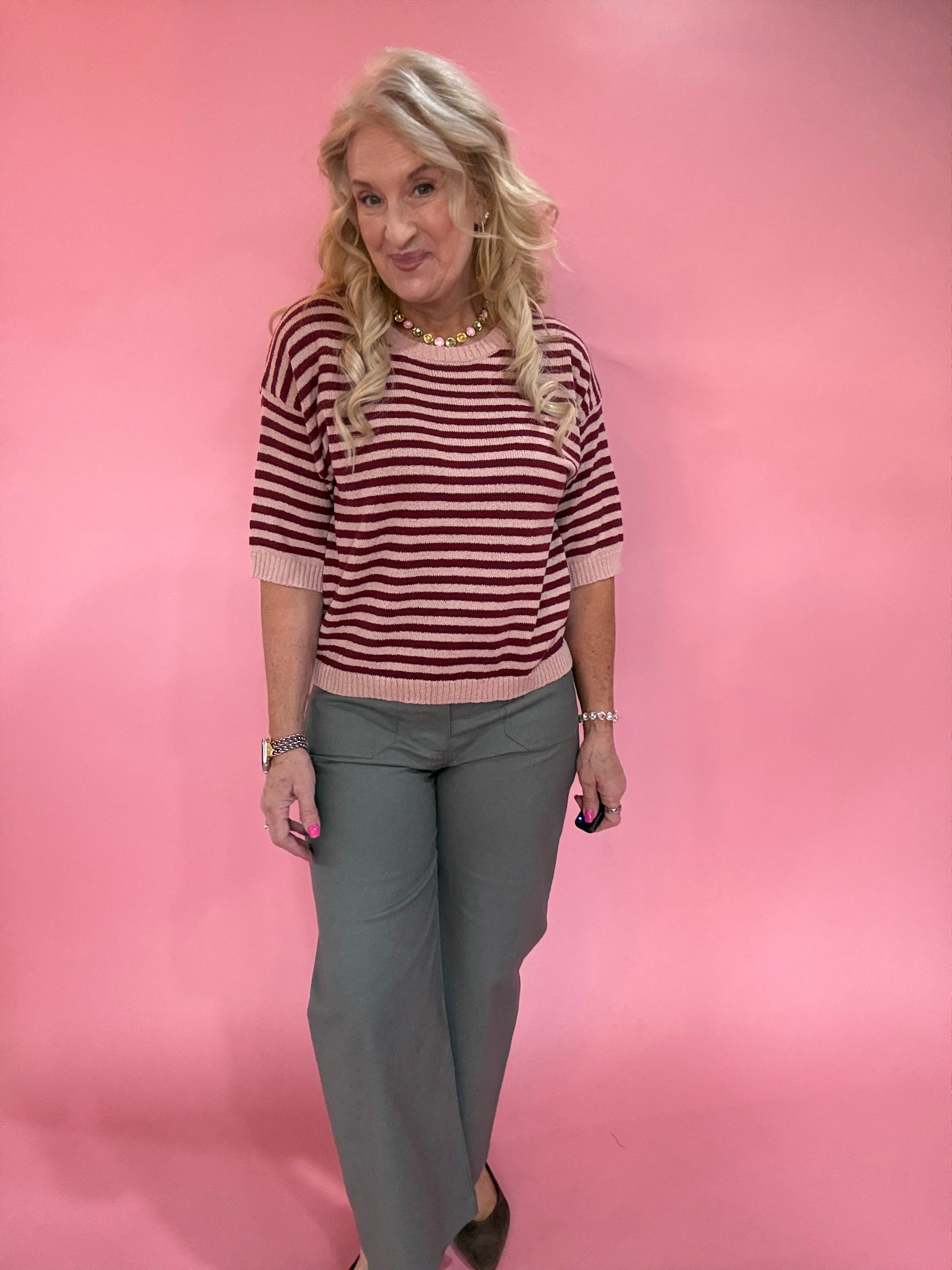 Trim & Proper Contrast Stripe Sweater in Burgundy