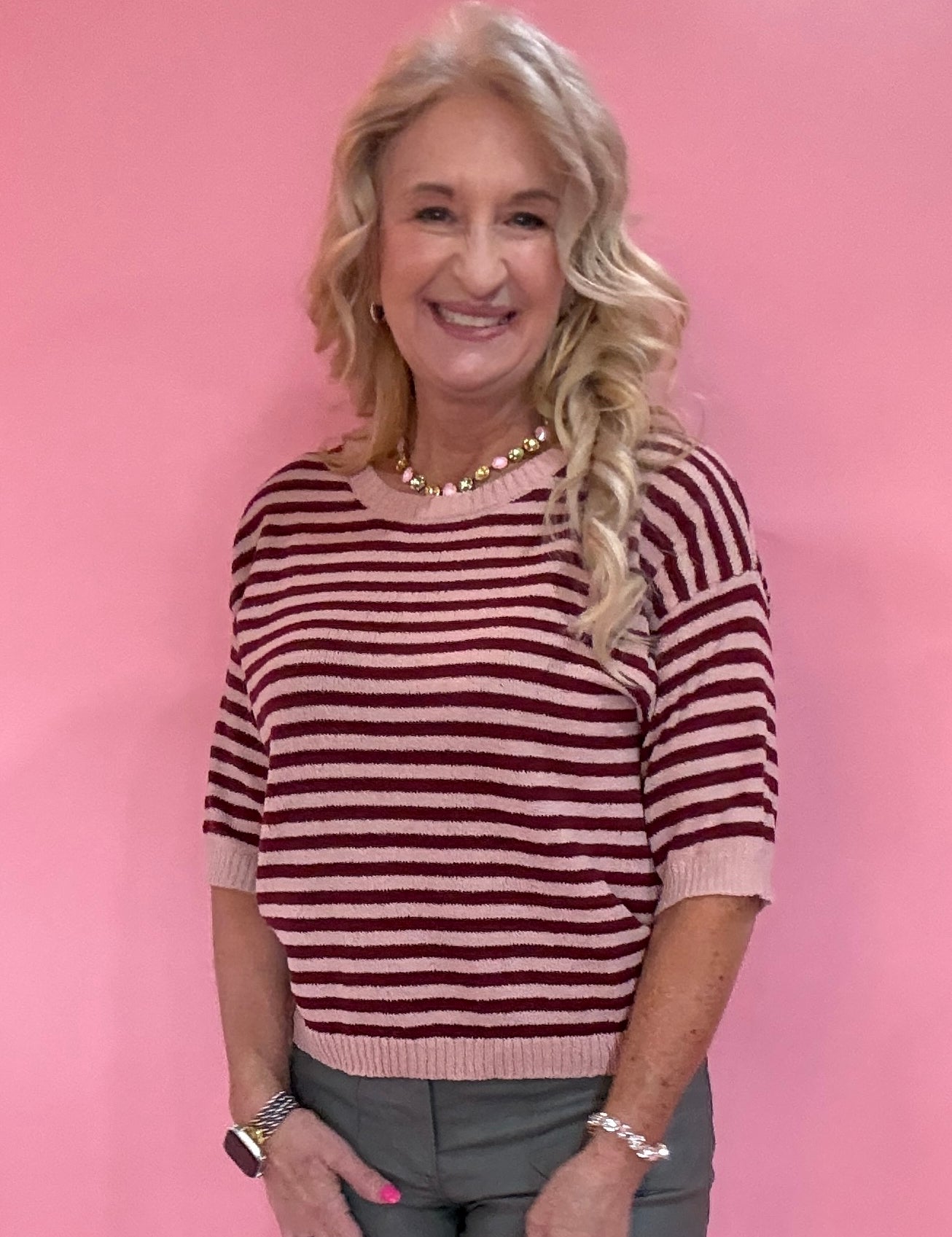 Trim & Proper Contrast Stripe Sweater in Burgundy