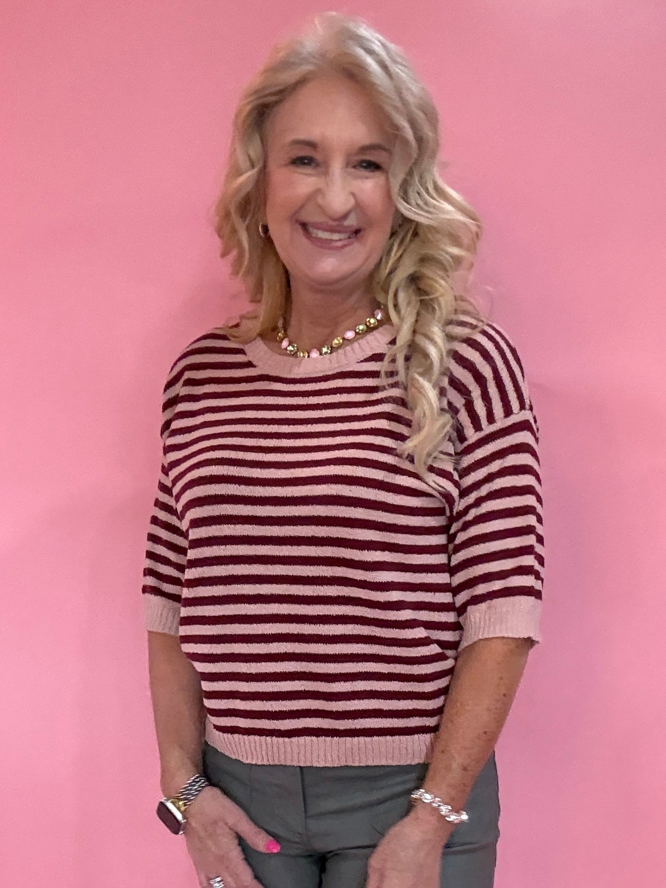 Trim & Proper Contrast Stripe Sweater in Burgundy