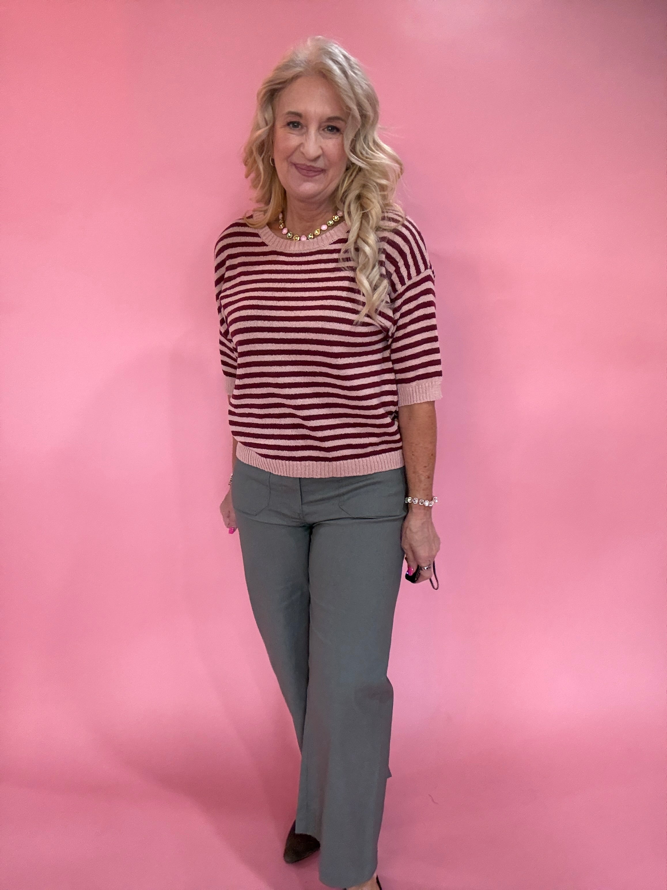 Trim & Proper Contrast Stripe Sweater in Burgundy