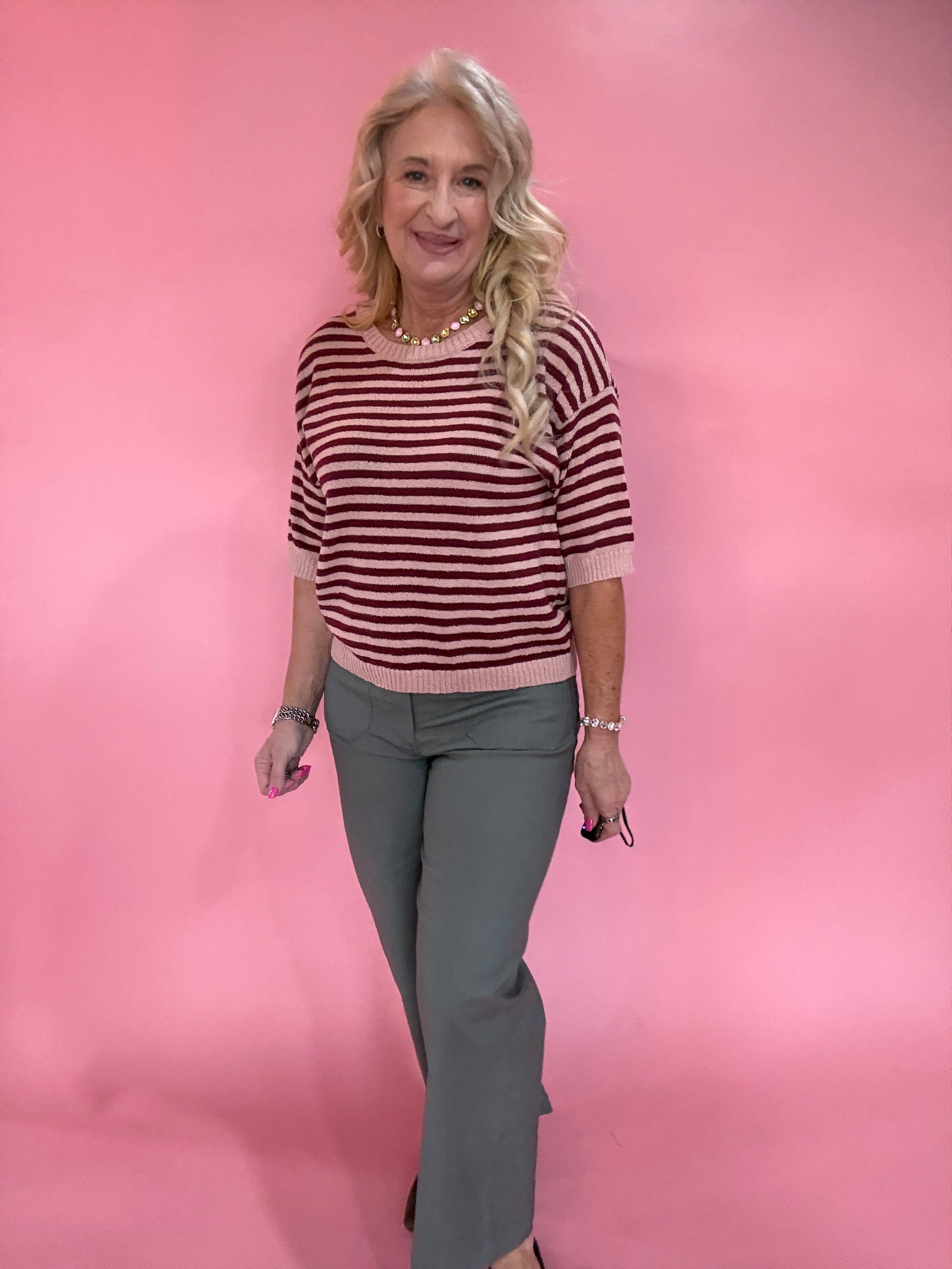 Trim & Proper Contrast Stripe Sweater in Burgundy
