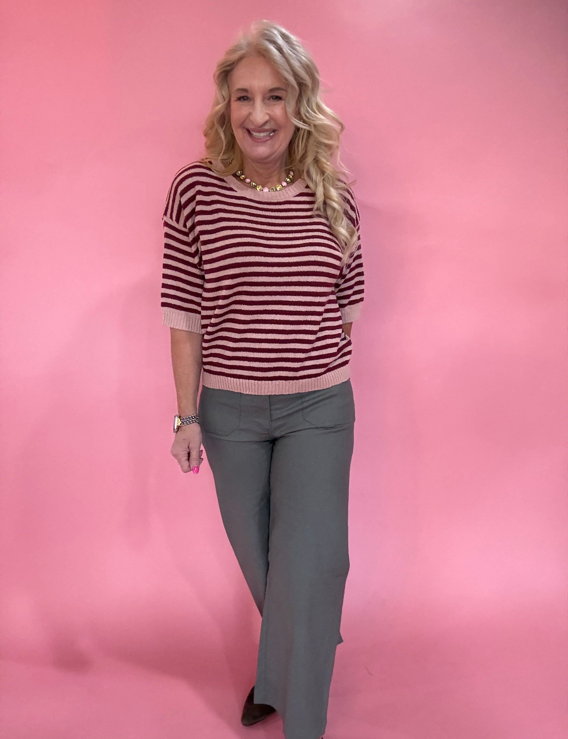 Trim & Proper Contrast Stripe Sweater in Burgundy