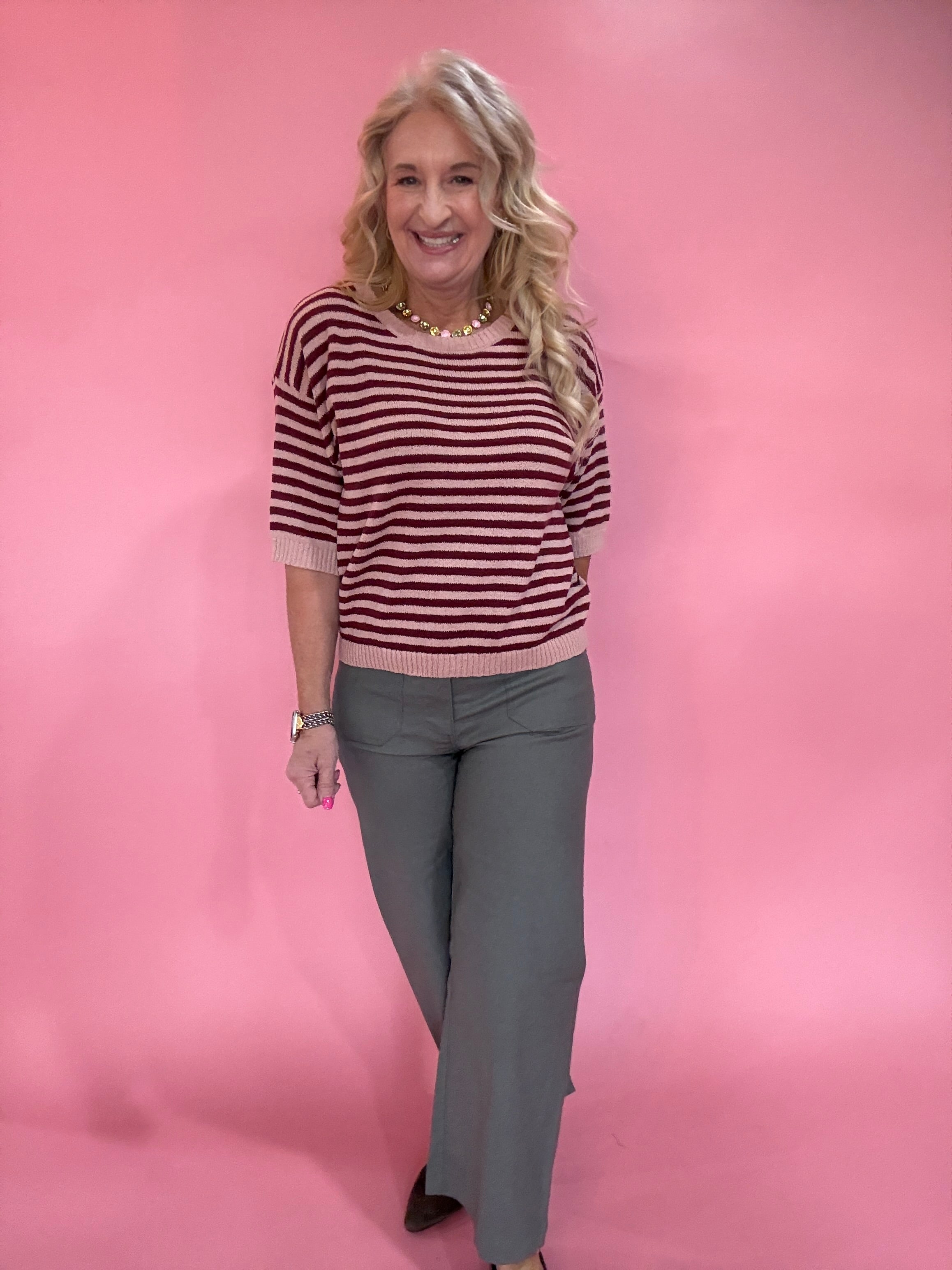 Trim & Proper Contrast Stripe Sweater in Burgundy