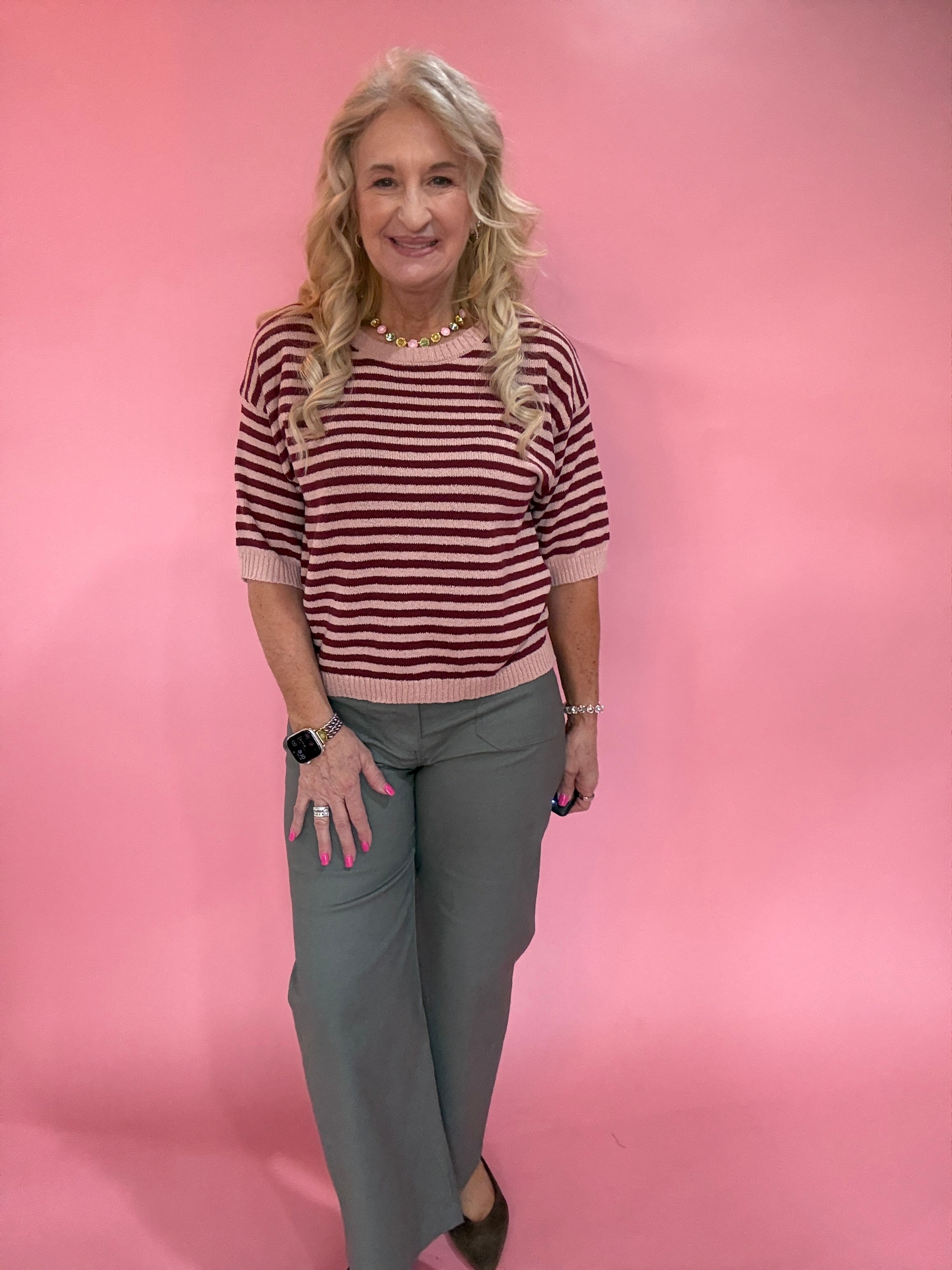 Trim & Proper Contrast Stripe Sweater in Burgundy