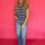 Back view of the blue striped top showing the easy everyday fit through the shoulders