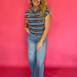 Back view of the blue striped top showing the easy everyday fit through the shoulders