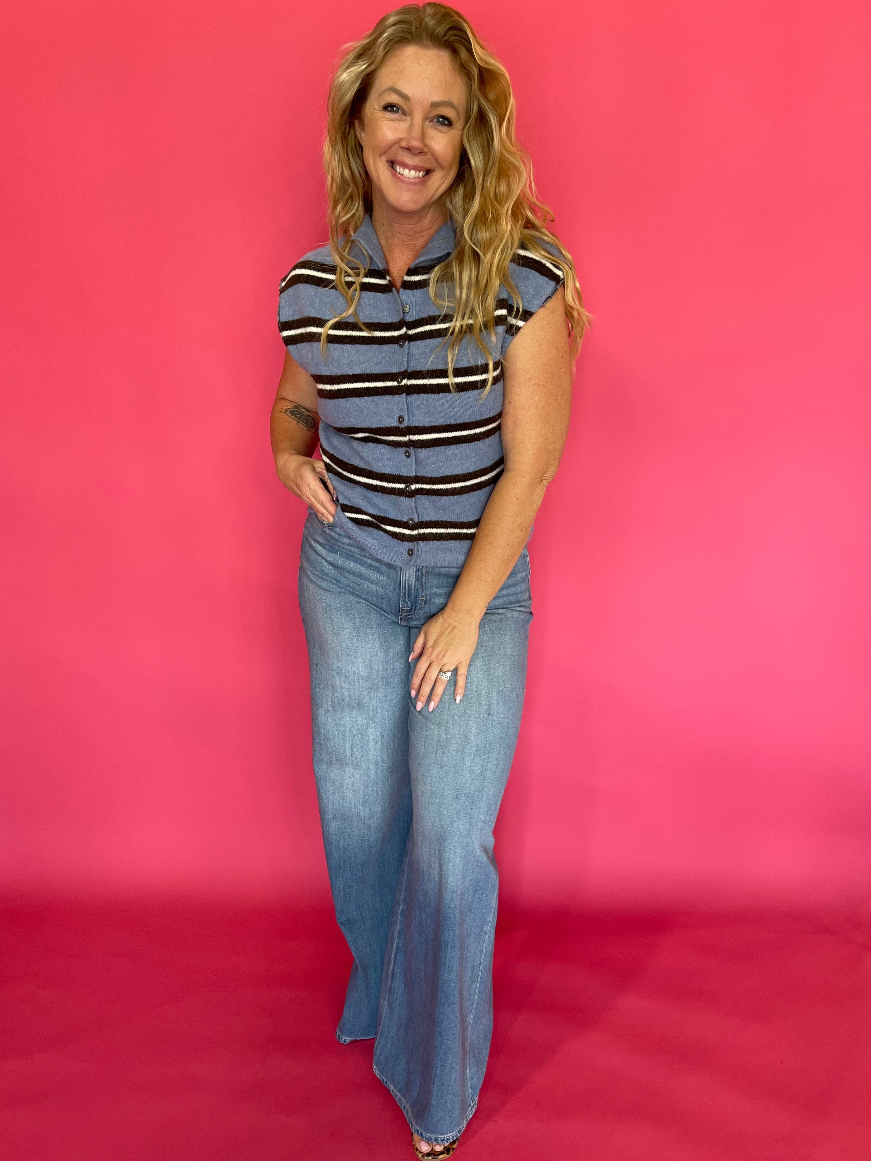 Back view of the blue striped top showing the easy everyday fit through the shoulders