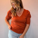 V-Neck Short Puff Sleeve Knitted Sweater Top in Rust