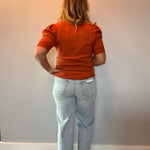 V-Neck Short Puff Sleeve Knitted Sweater Top in Rust