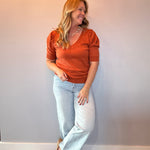 V-Neck Short Puff Sleeve Knitted Sweater Top in Rust