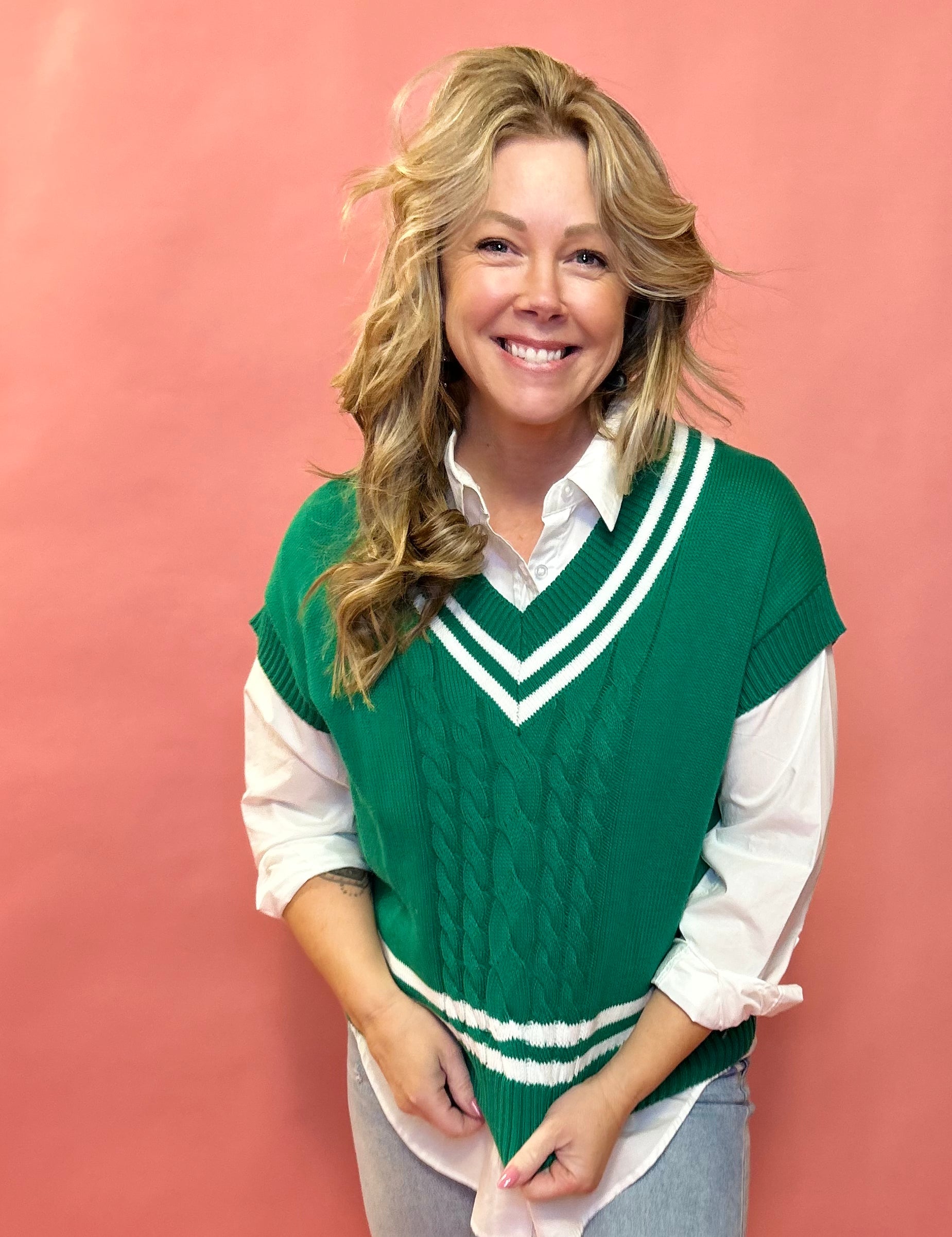 Varsity Charm Cable Knit V-Neck Sweater in Green