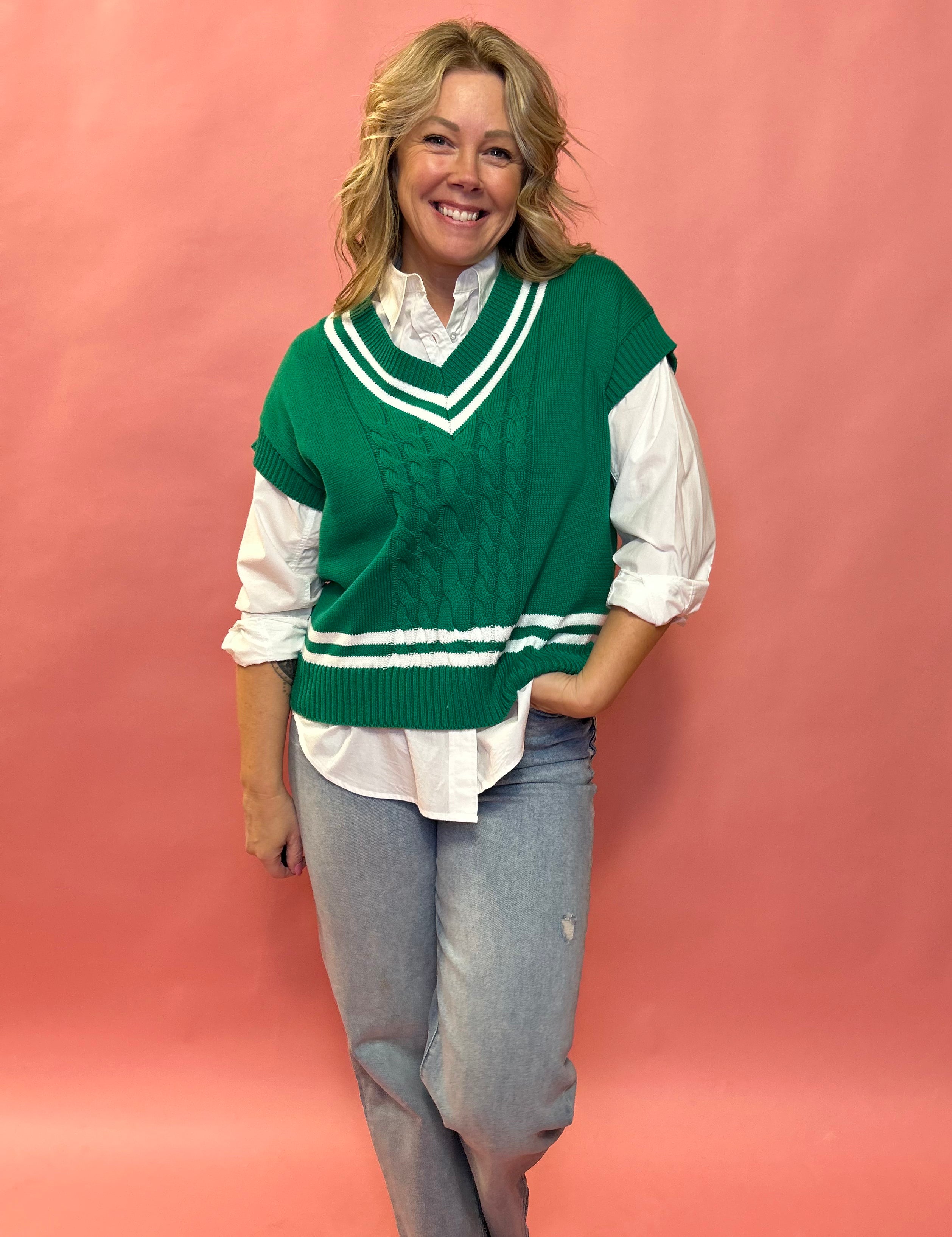 Varsity Charm Cable Knit V-Neck Sweater in Green