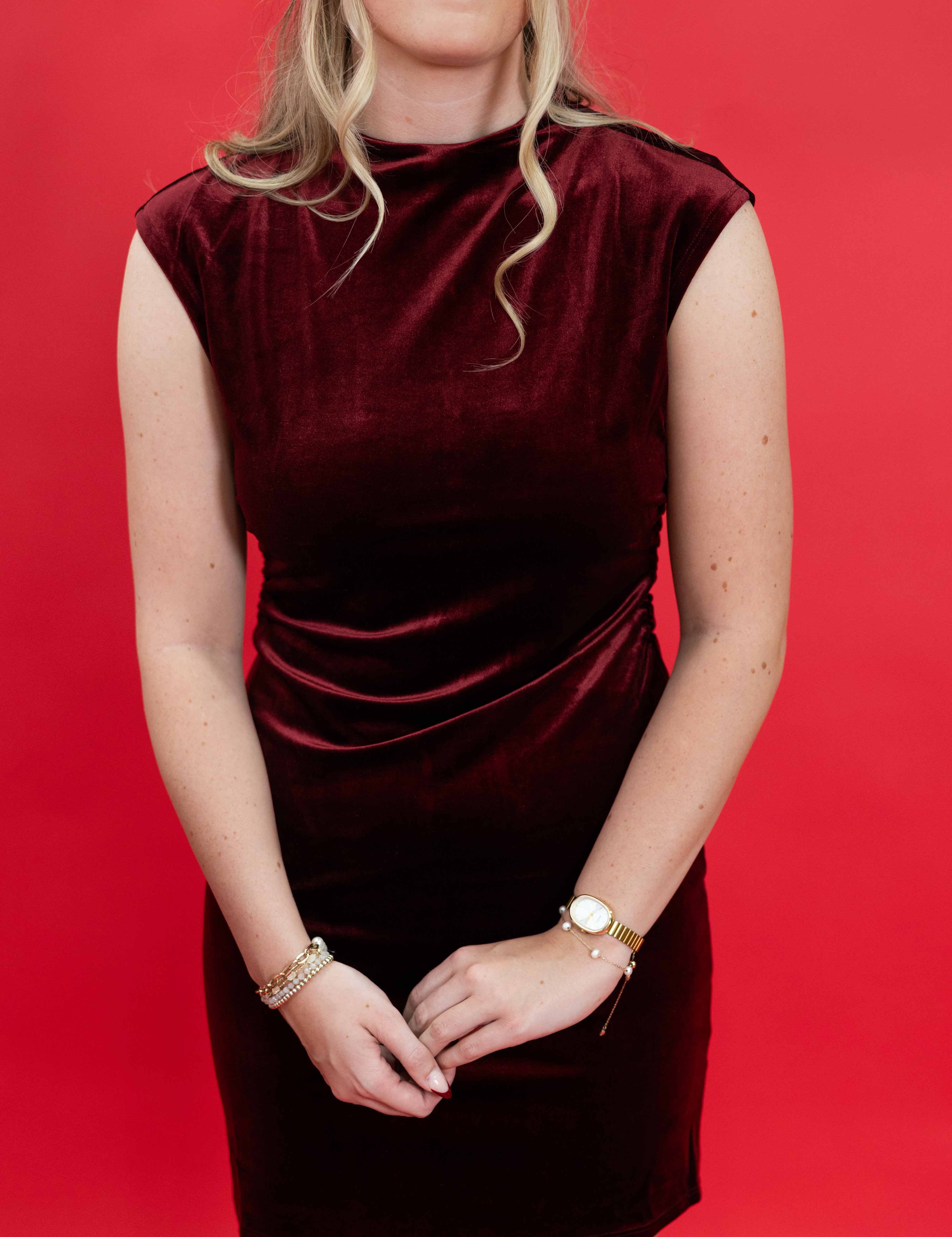 Velvet Hour Ruched Mini Dress in Red