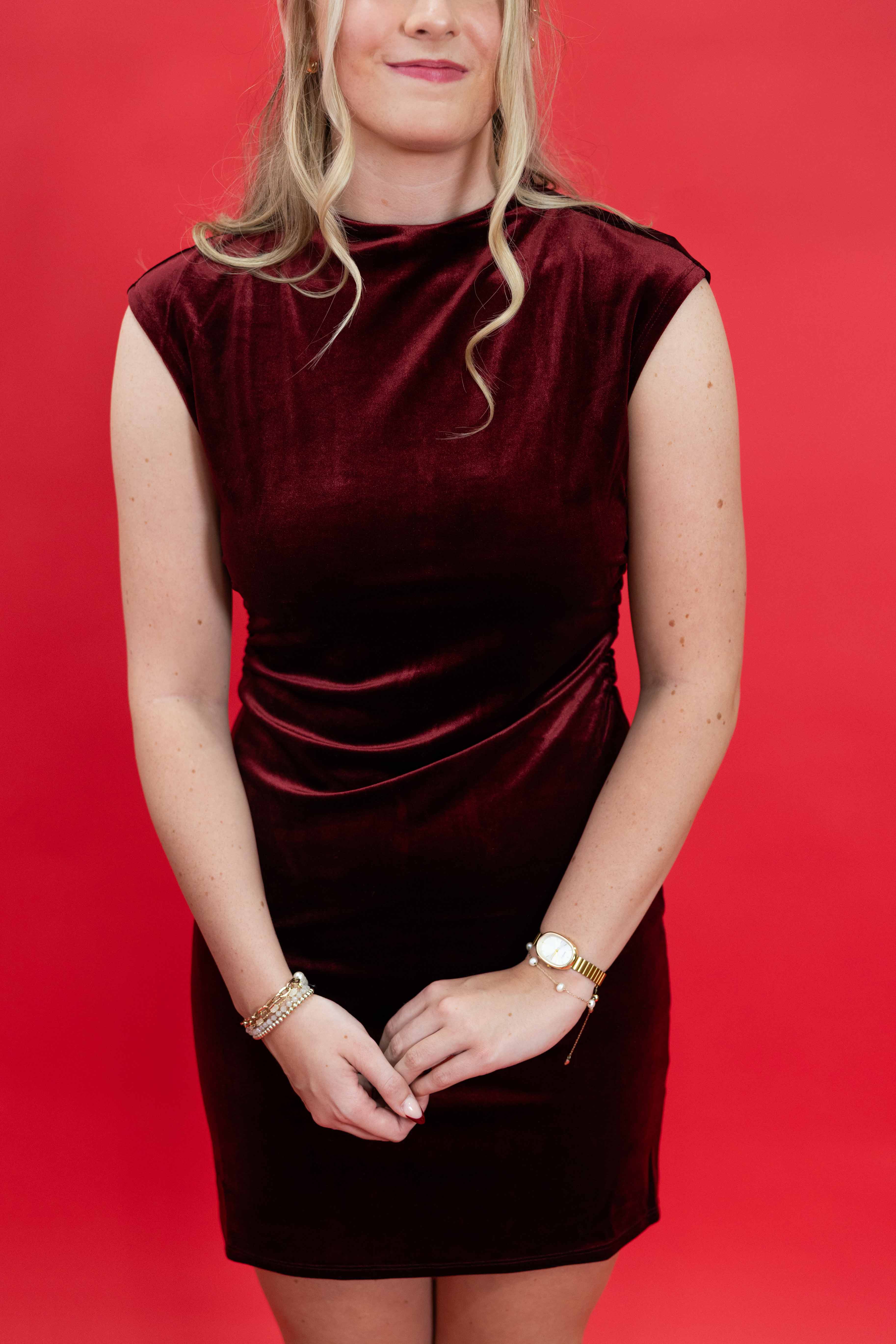 Velvet Hour Ruched Mini Dress in Red