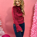 Verosa Bell Sleeve Velvet Top in Burgundy