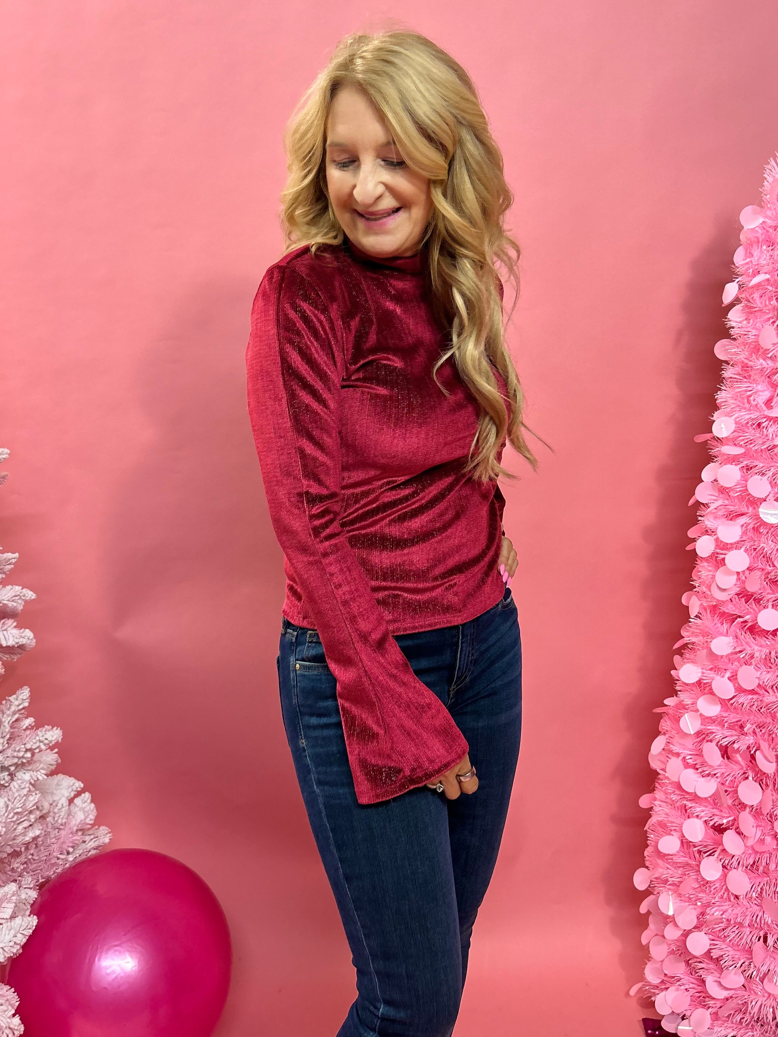 Verosa Bell Sleeve Velvet Top in Burgundy