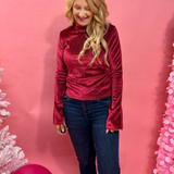 Verosa Bell Sleeve Velvet Top in Burgundy