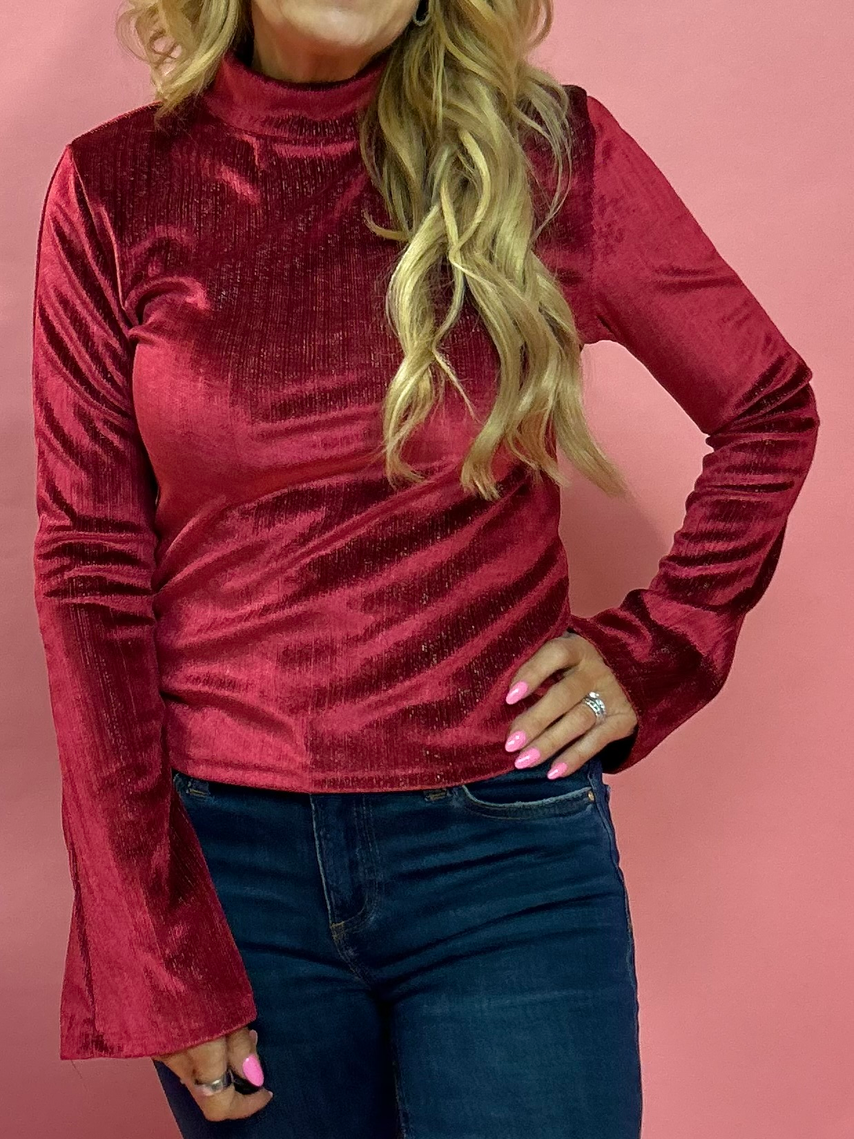 Verosa Bell Sleeve Velvet Top in Burgundy