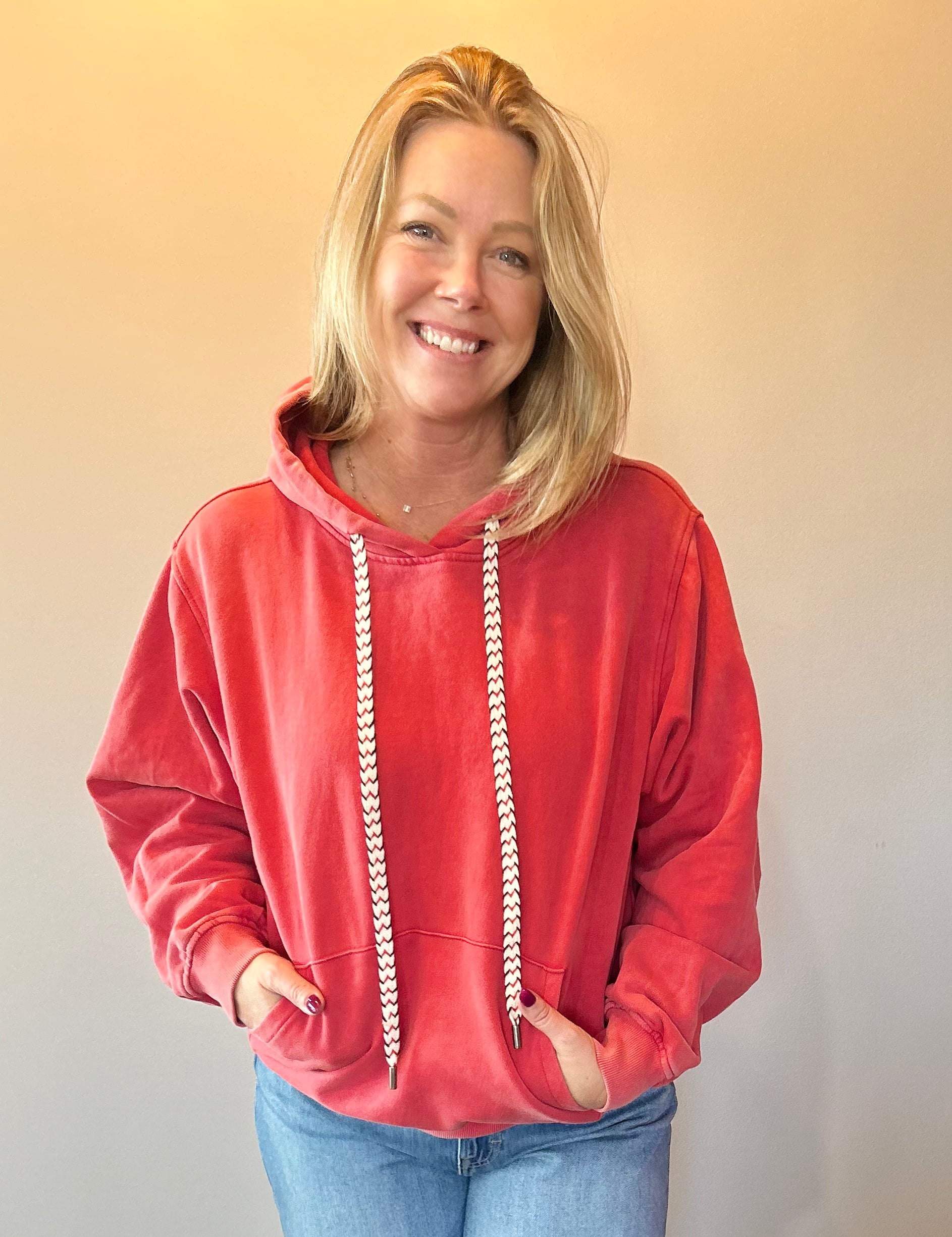Vintage Wash Oversized Brushed Hoodie in Red