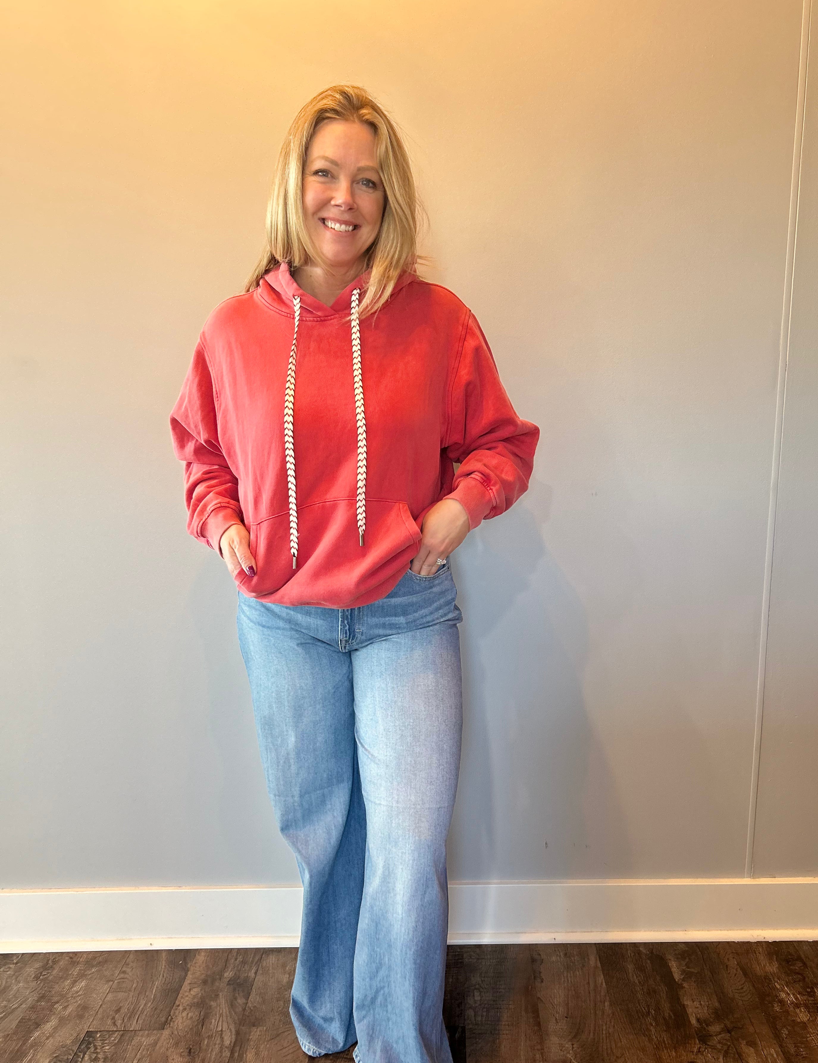 Vintage Wash Oversized Brushed Hoodie in Red