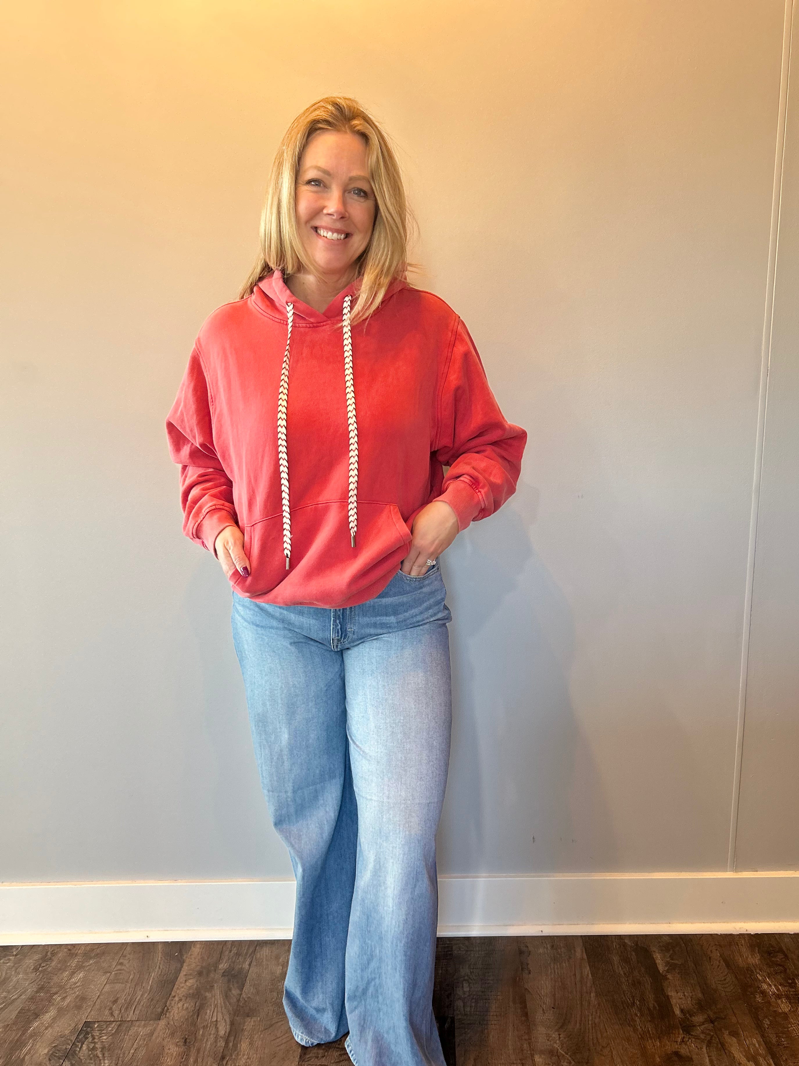 Vintage Wash Oversized Brushed Hoodie in Red