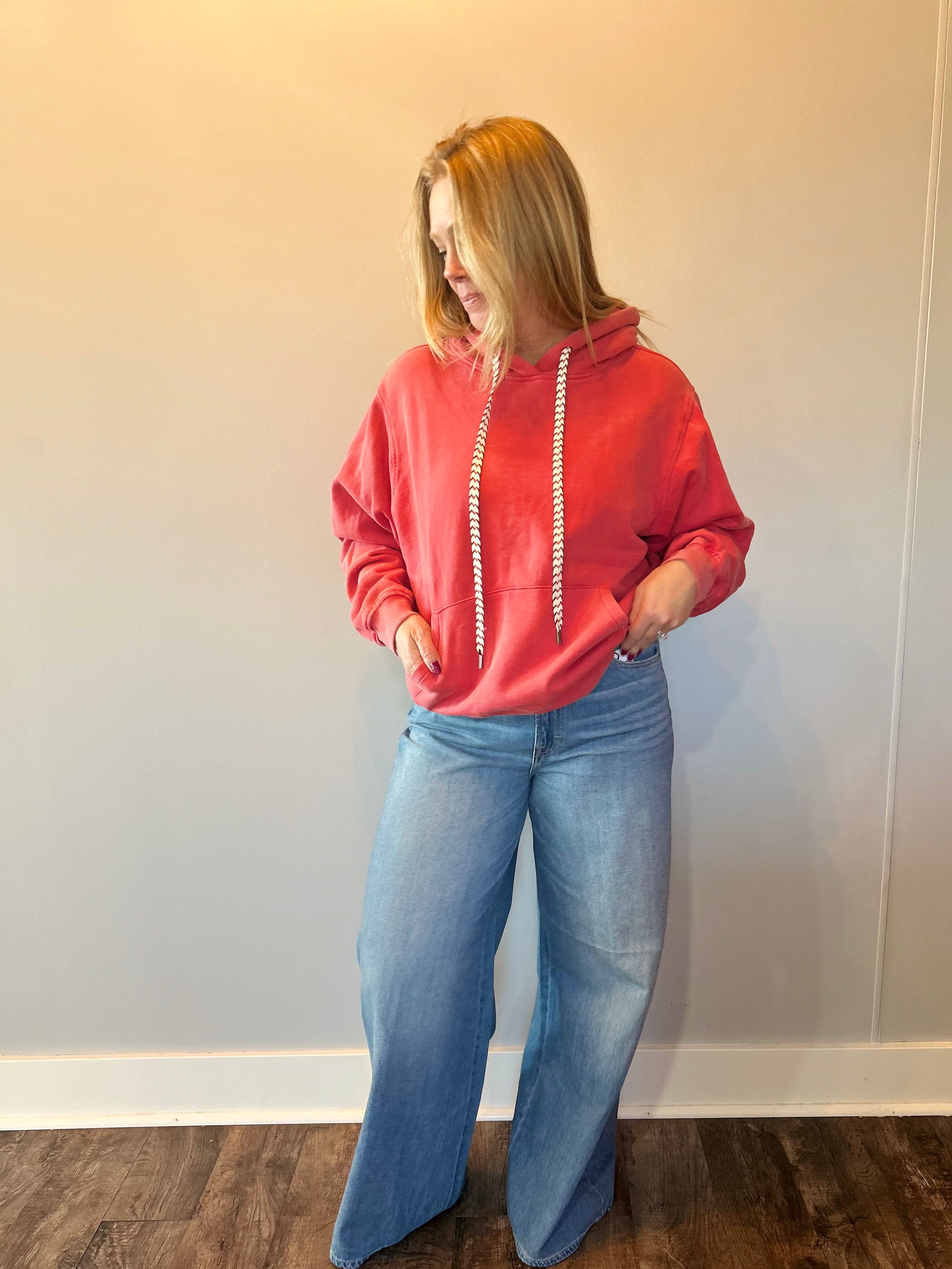 Vintage Wash Oversized Brushed Hoodie in Red