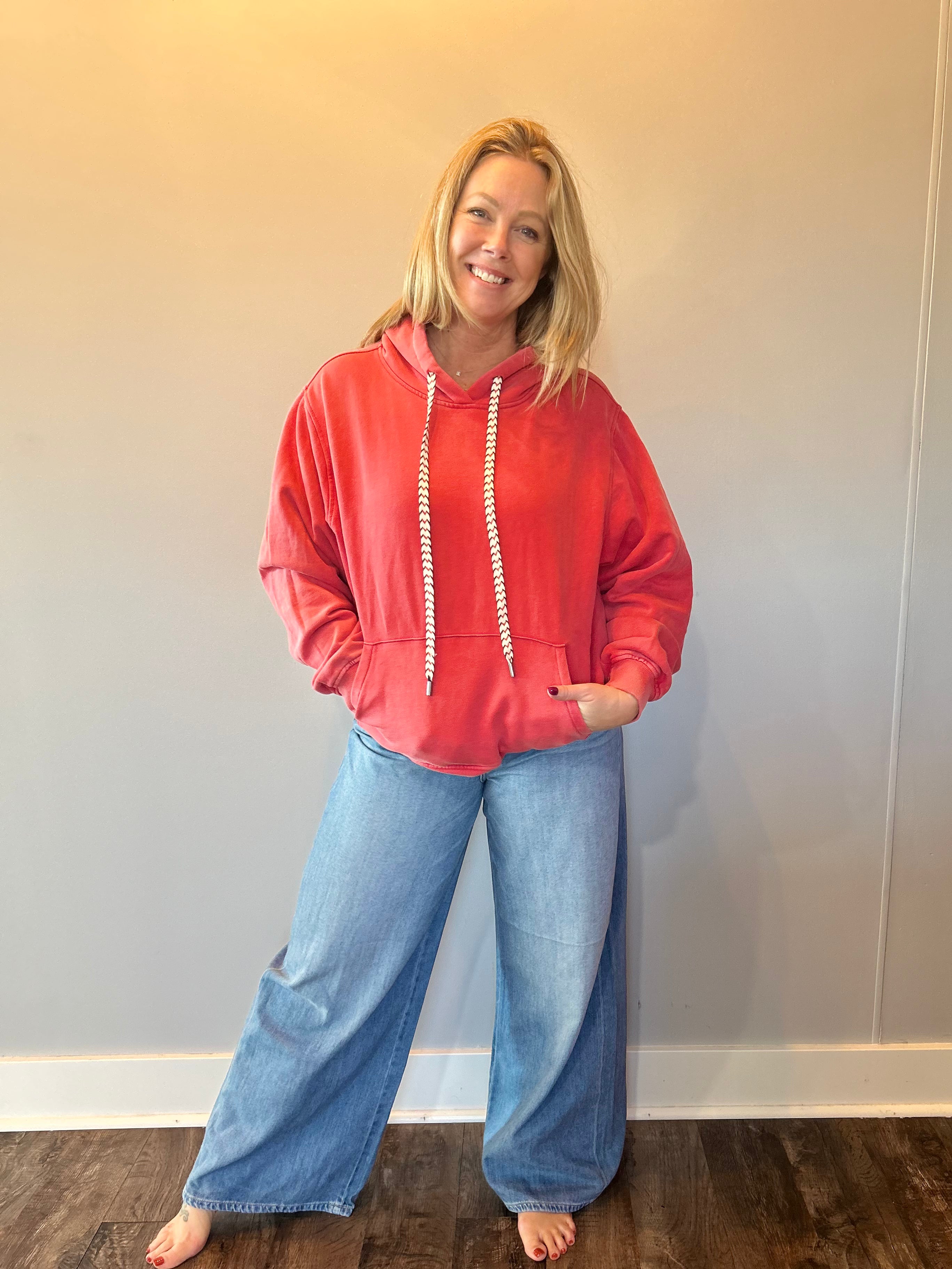 Vintage Wash Oversized Brushed Hoodie in Red