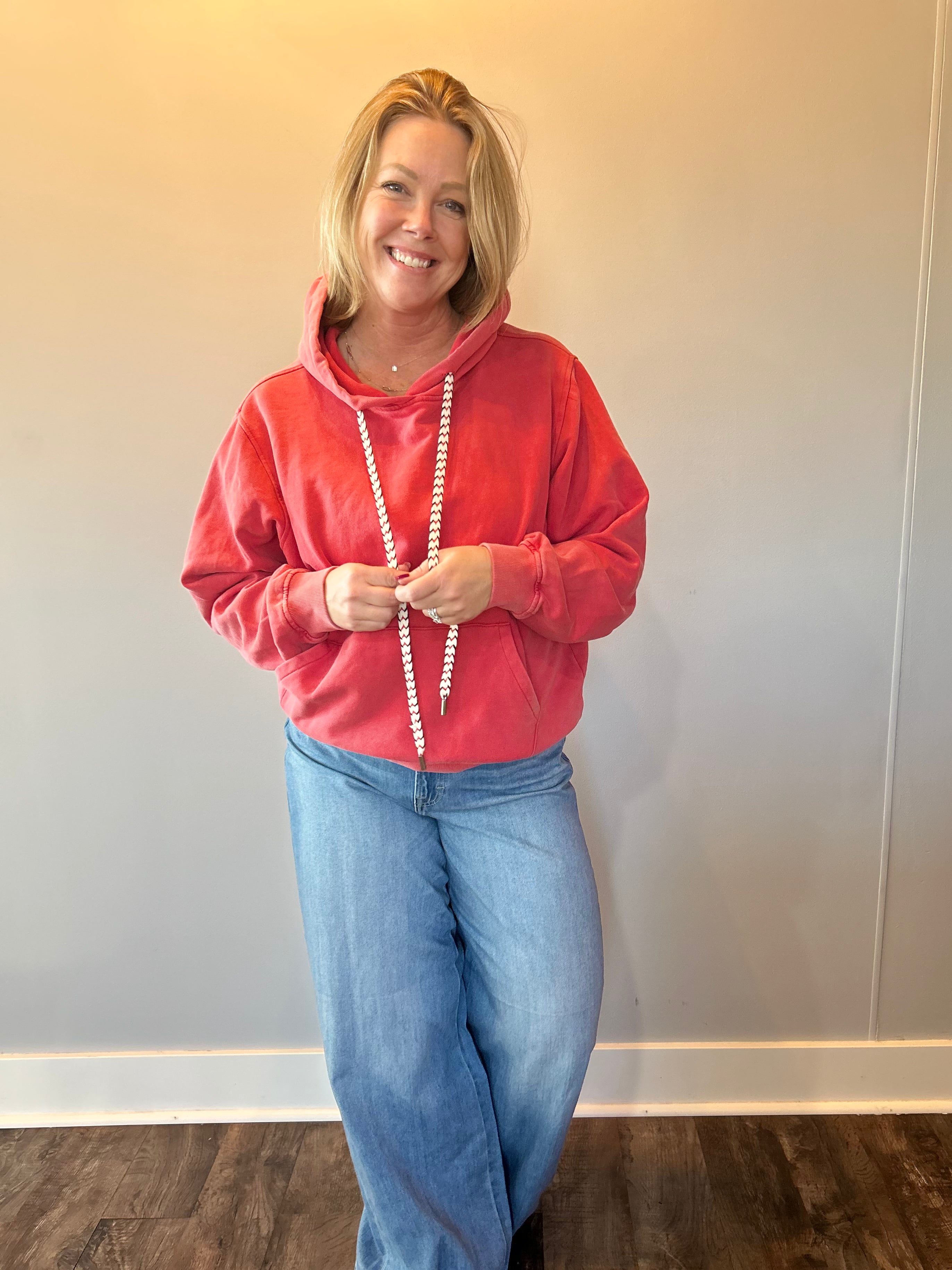 Vintage Wash Oversized Brushed Hoodie in Red