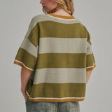 Full length view of the blue and brown wide stripe loose fit sweater top styled as an easy outfit