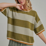 Detail of the dropped shoulder seam on the blue and brown wide stripe loose fit sweater top