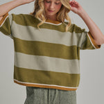 Close-up of the neckline and upper stripes on the blue and brown drop shoulder sweater top