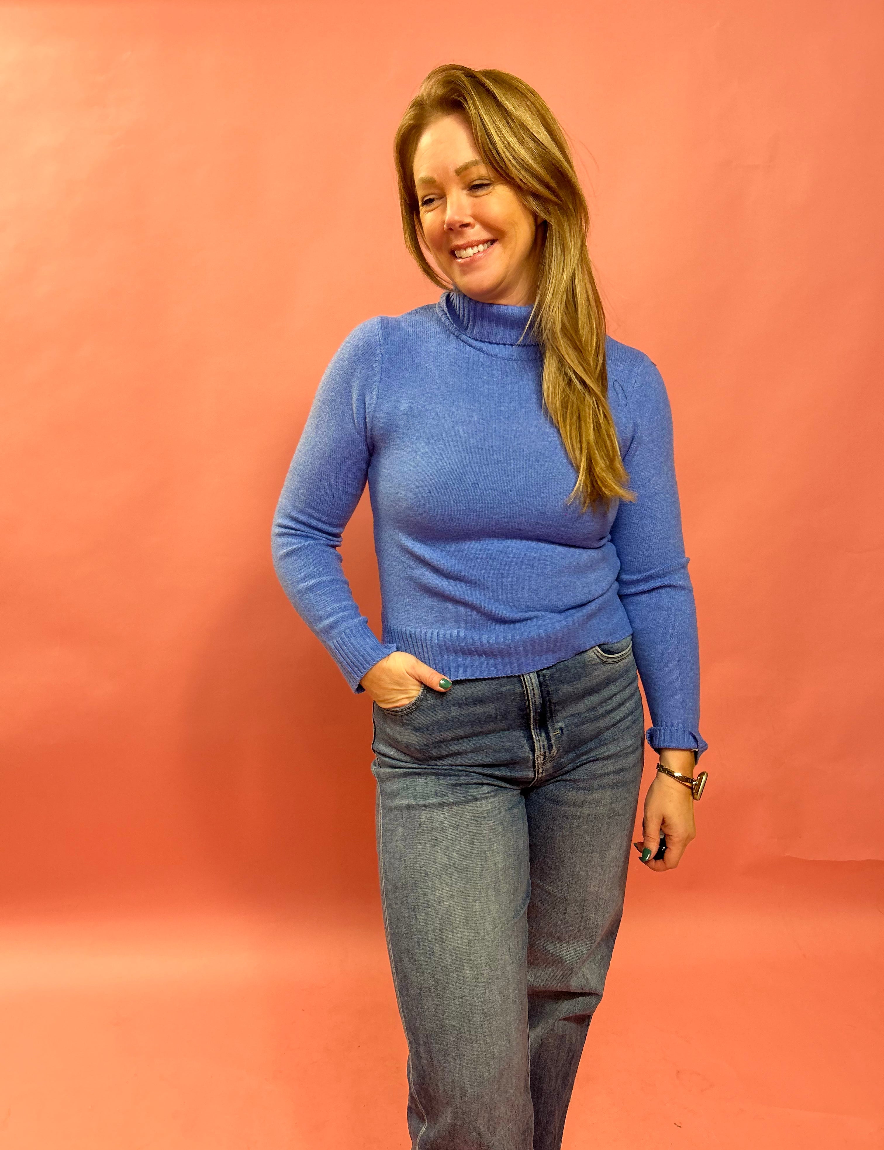 Whitney Long Sleeve Turtle Neck Knit Top in Blue