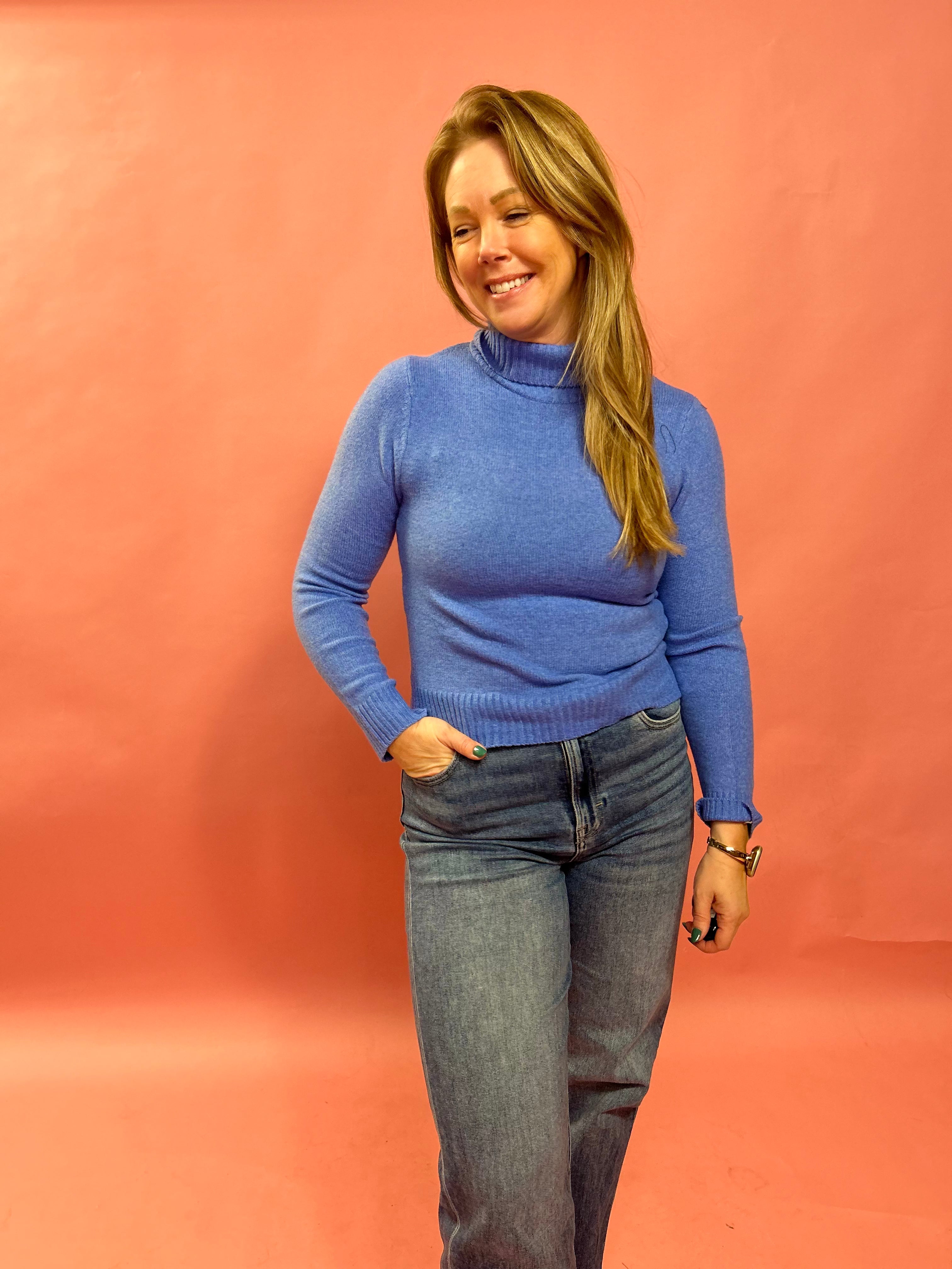 Whitney Long Sleeve Turtle Neck Knit Top in Blue