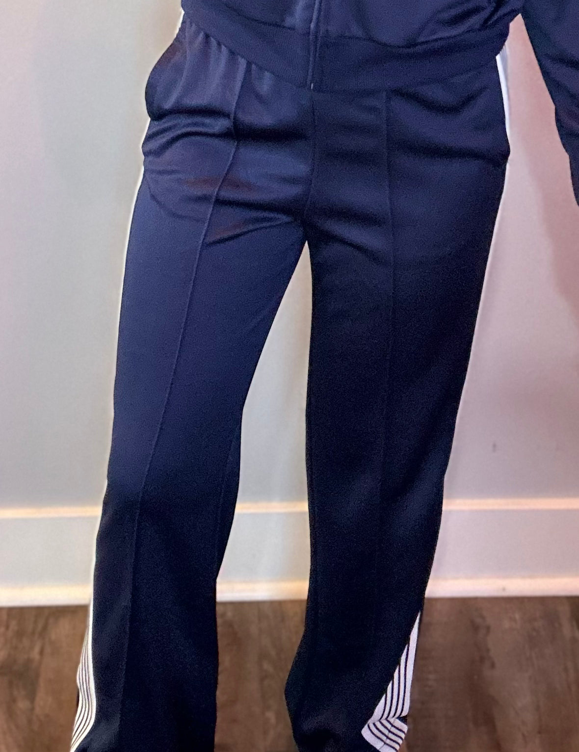 Wide-Leg Varsity Stripe Track Pants in Navy