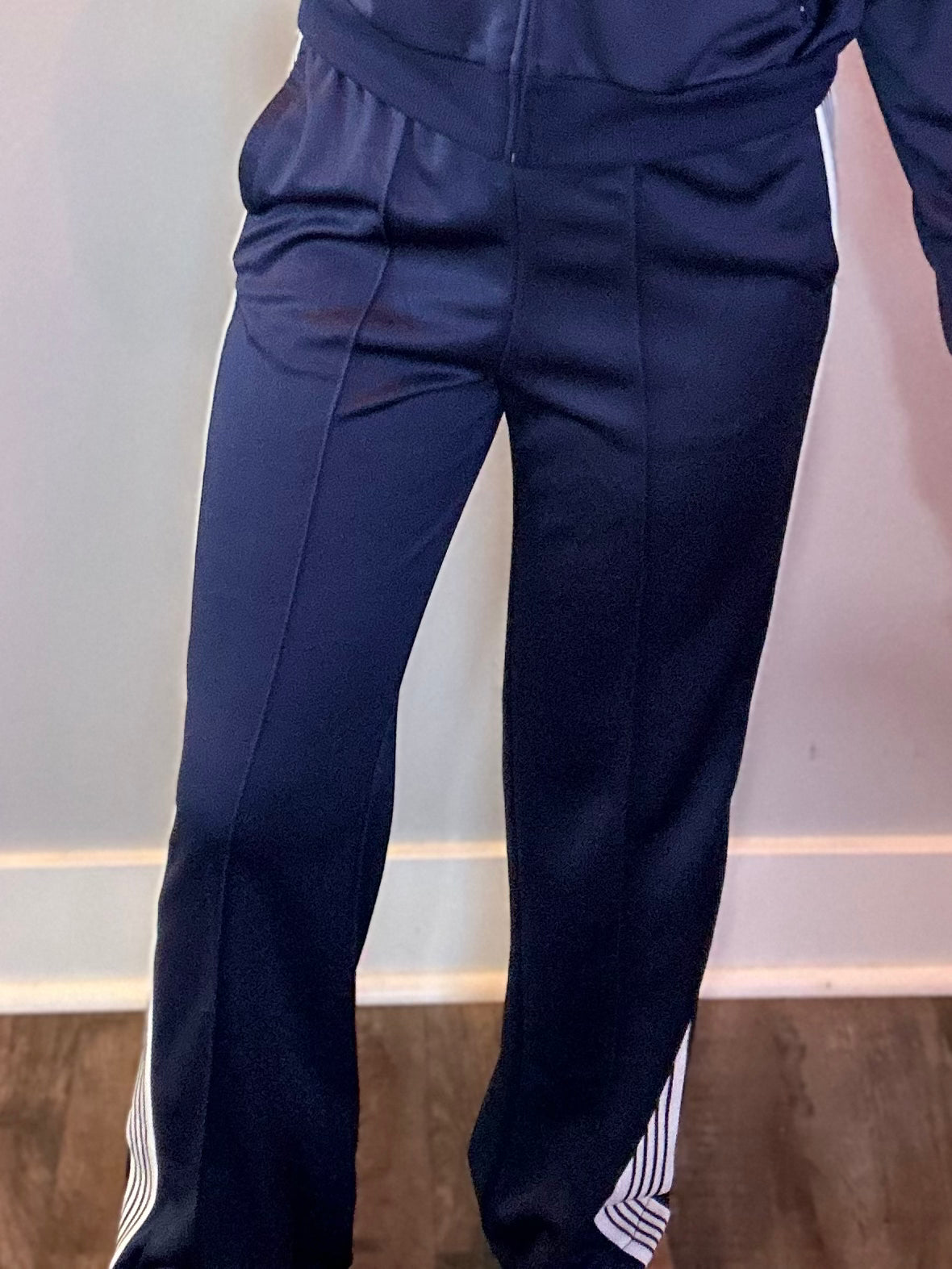 Wide-Leg Varsity Stripe Track Pants in Navy