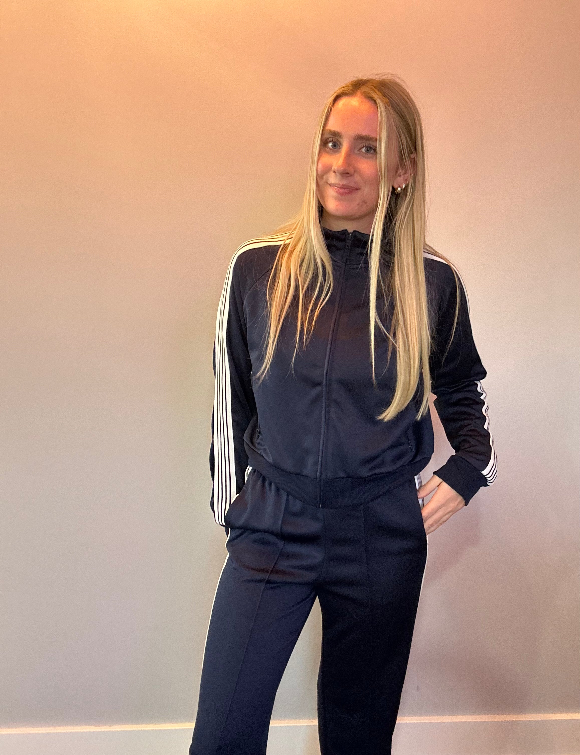 Wide-Leg Varsity Stripe Track Pants in Navy