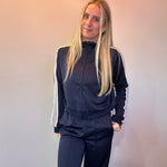 Wide-Leg Varsity Stripe Track Pants in Navy