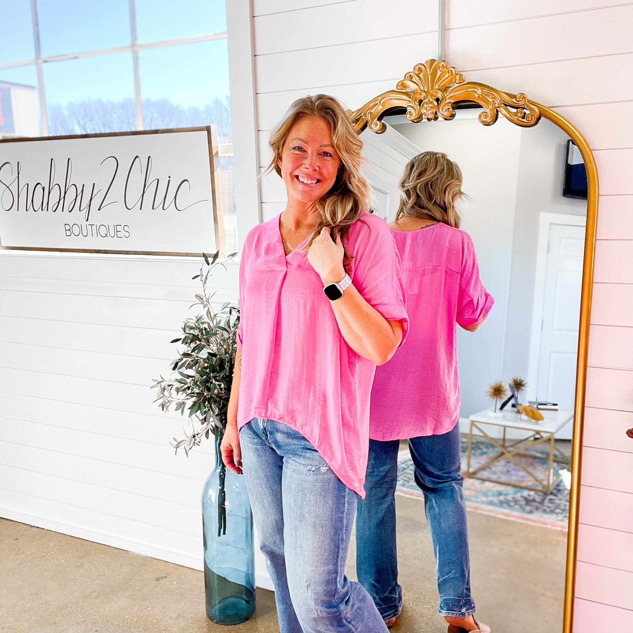 Work-Life Balance V-Neck Blouse in Pink