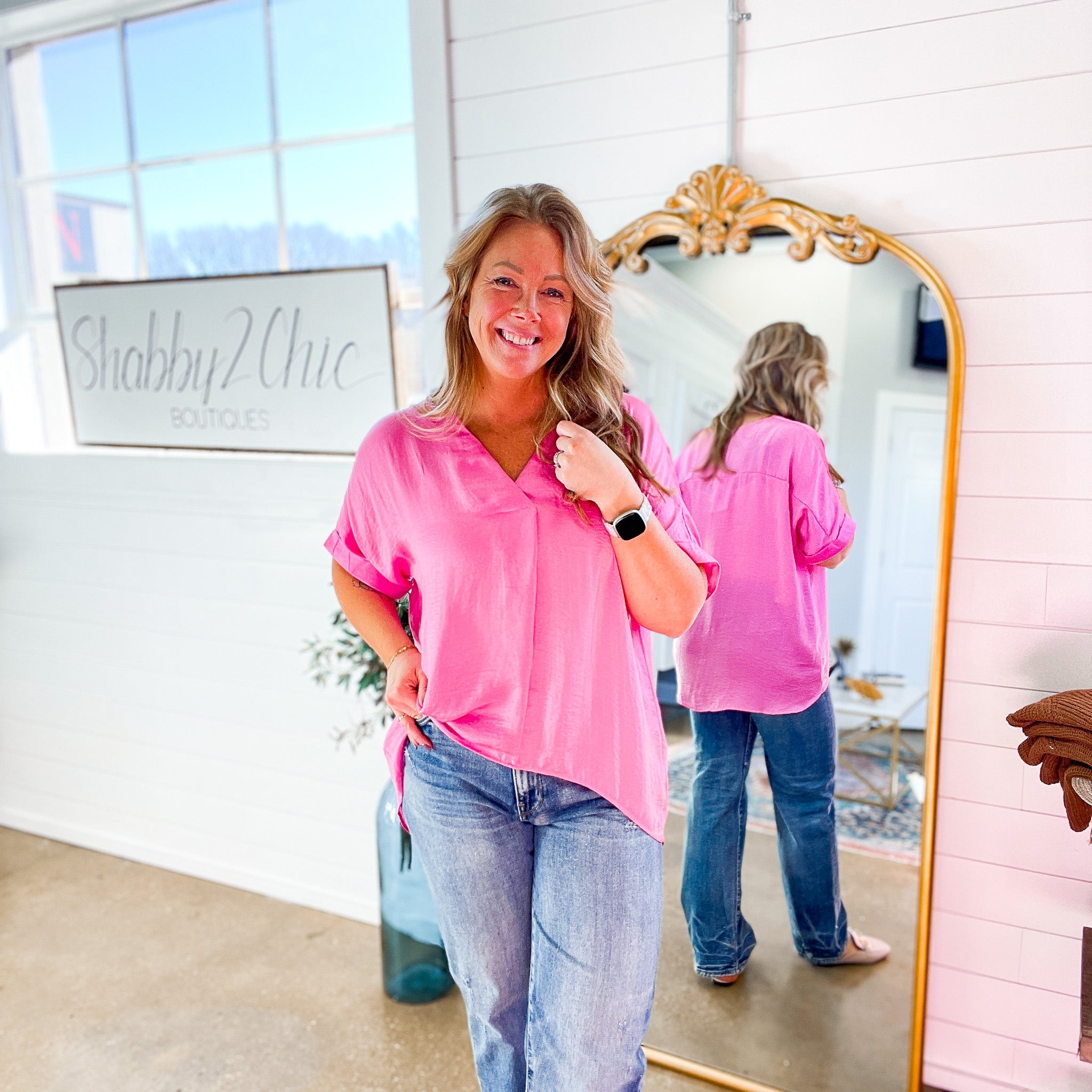 Work-Life Balance V-Neck Blouse in Pink