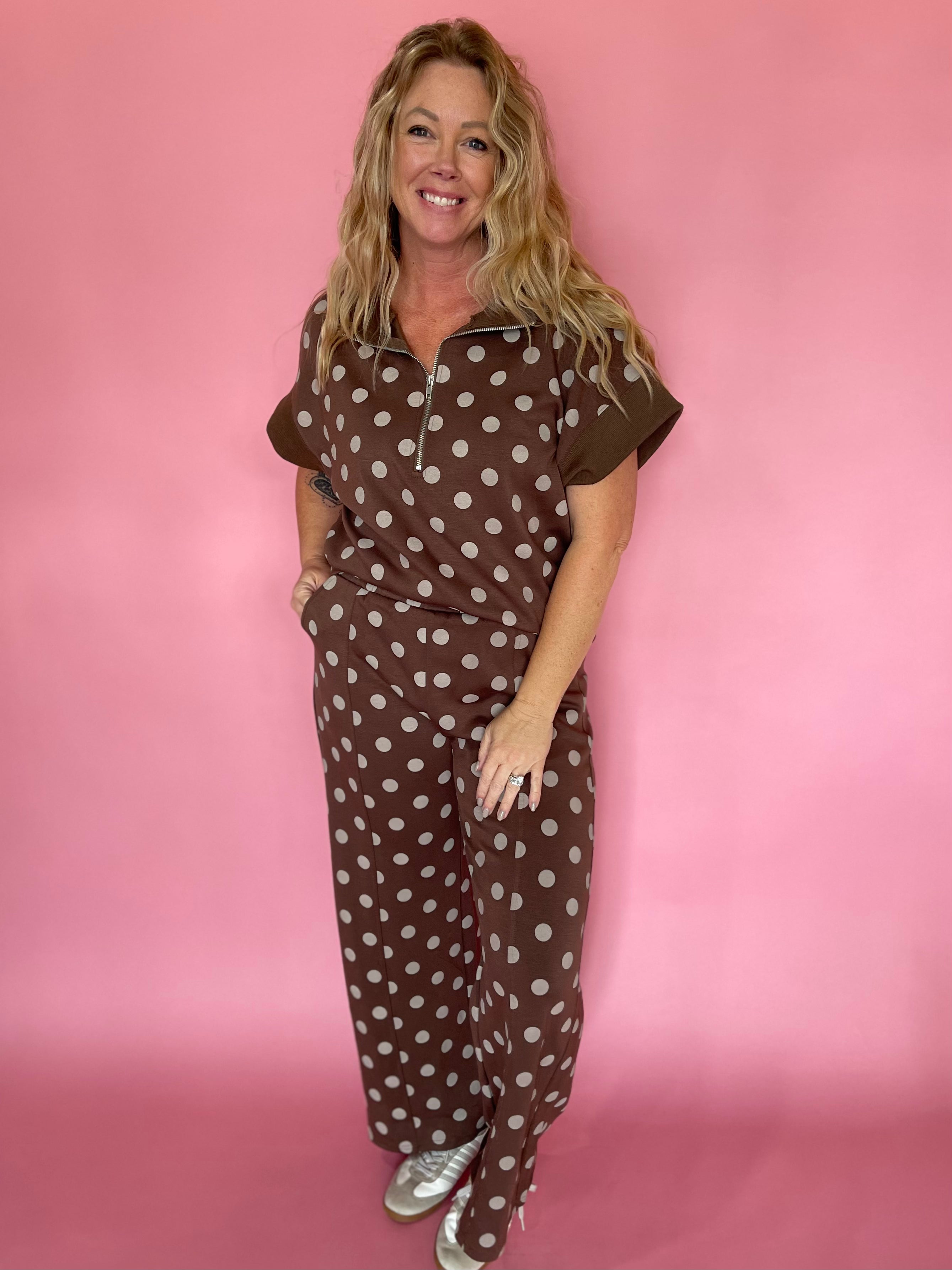 Zip & Go Polka Dot Knit Set in Brown