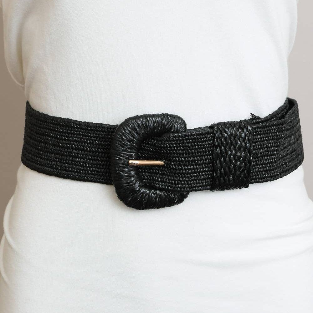 Raffia Stretch Belt in Black