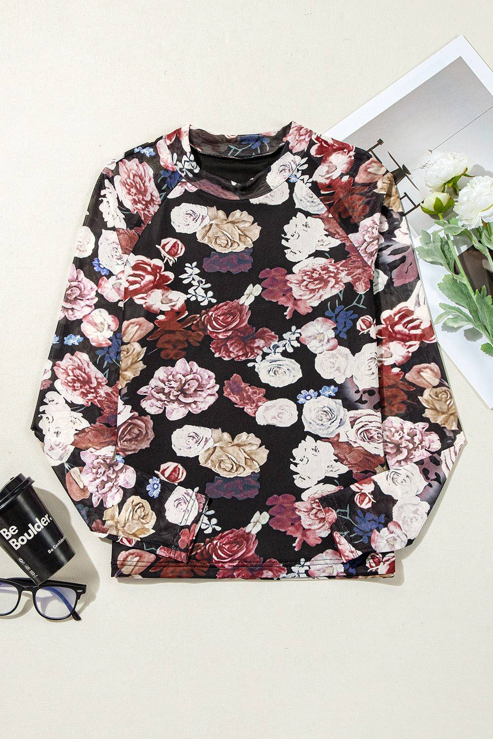 Rose Whimsy: Mesh Floral Mock Neck Top